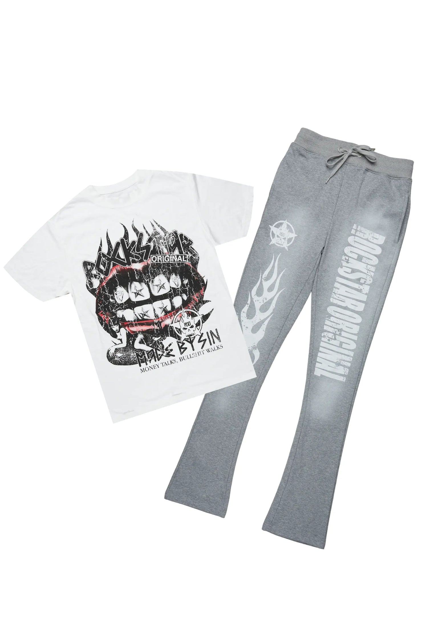 Vadim White/Grey Oversize T-Shirt/Stacked Flare Track Set