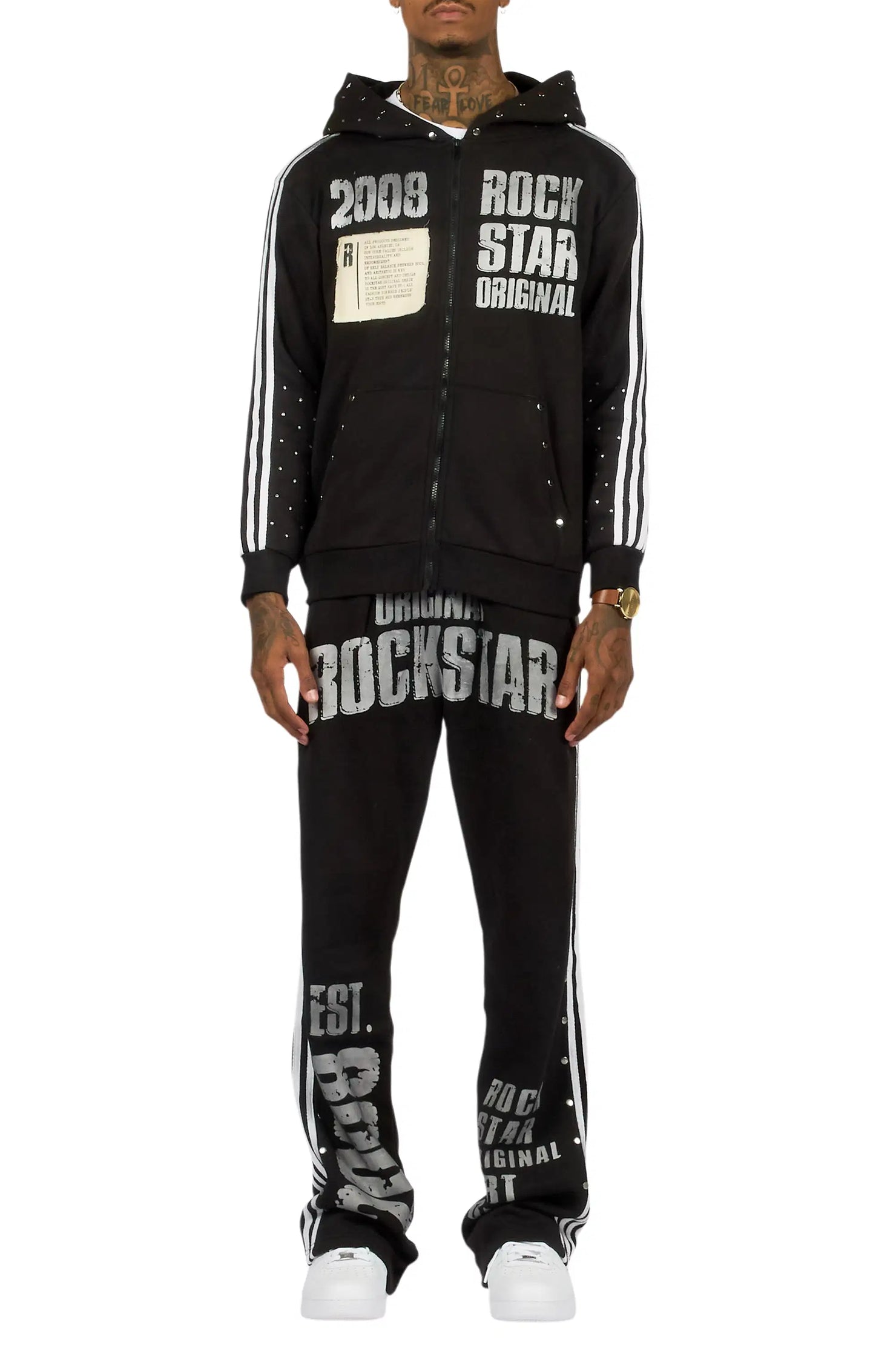 Gusti Black Rhinestone Stacked Flare Hoodie Track Set
