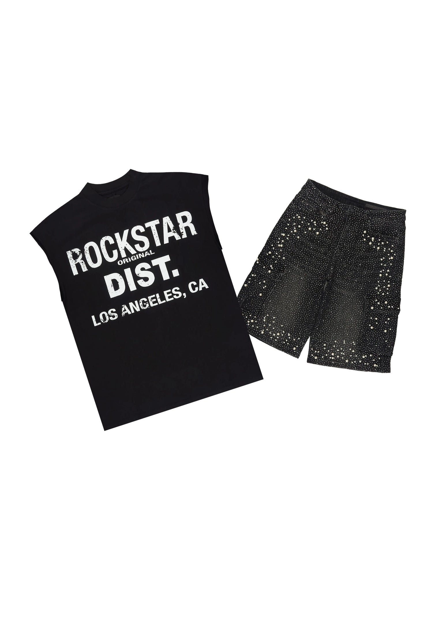 Sevyn Black/Black Rhinestone Cut Sleeve T-Shirt Denim Short Set