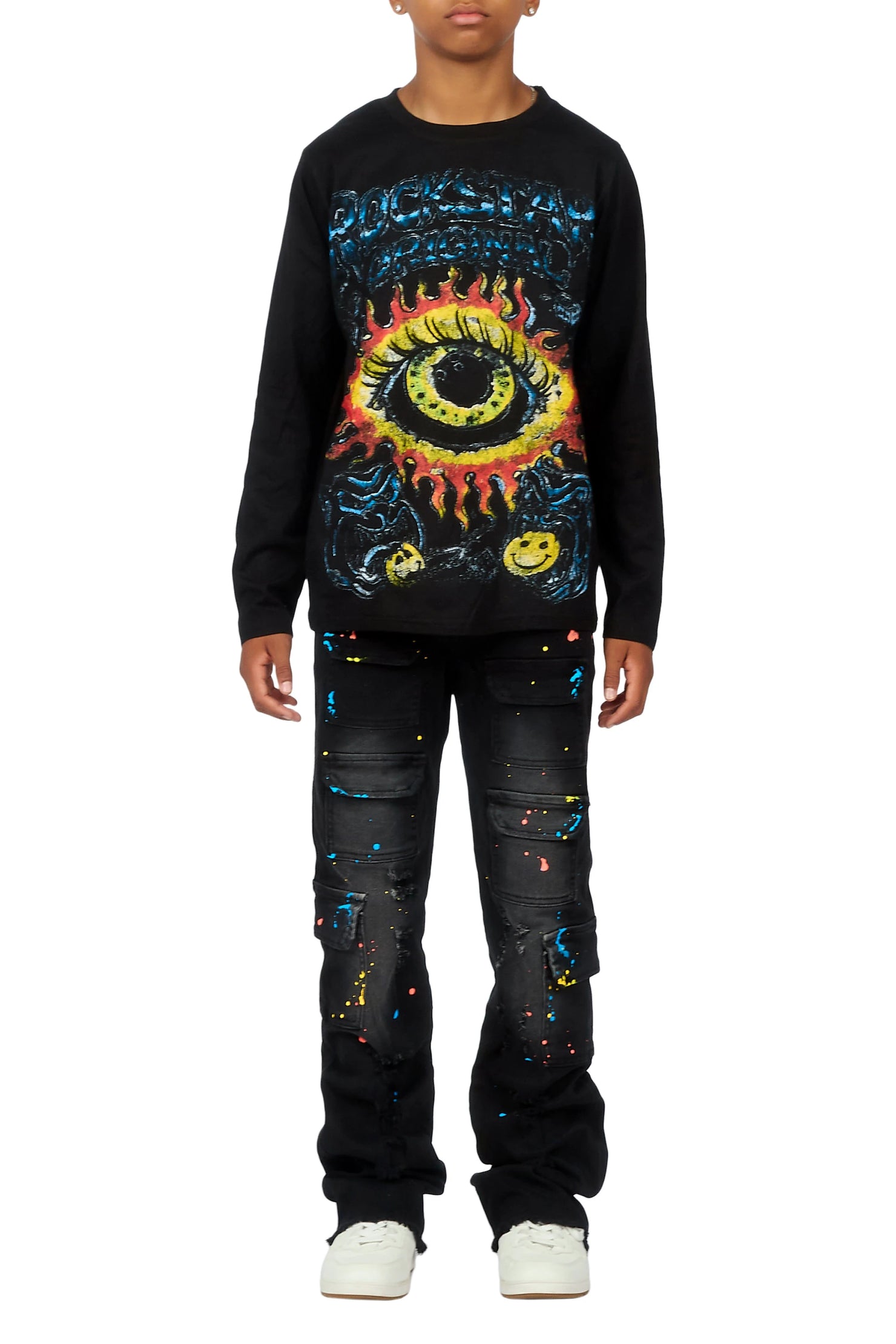 Boys Storm Black Long Sleeve T-shirt Painter Stacked Jean Set
