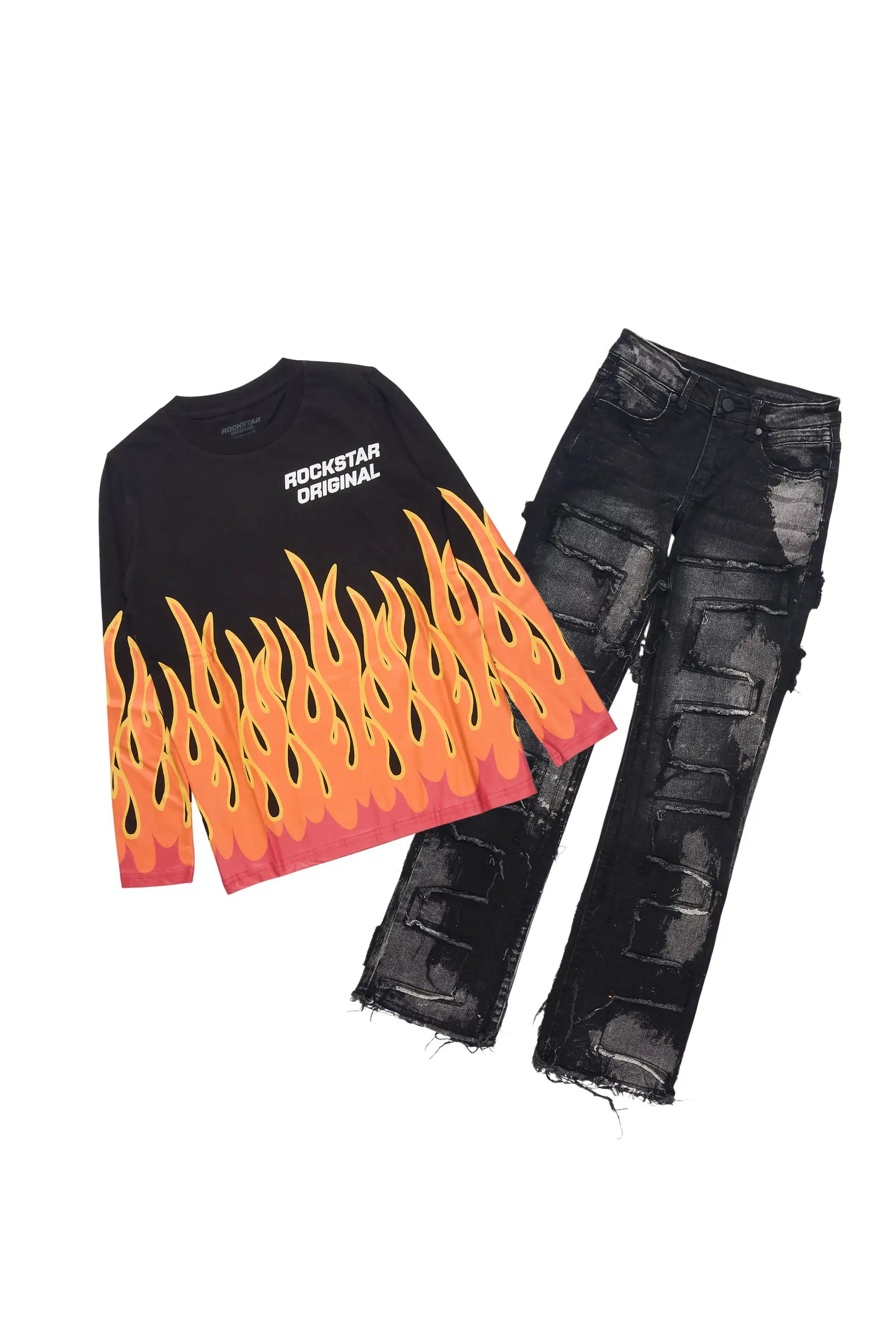 Boys Roeland Black Long Sleeve T-Shirt & Laban Black Stacked Flare Jean Set