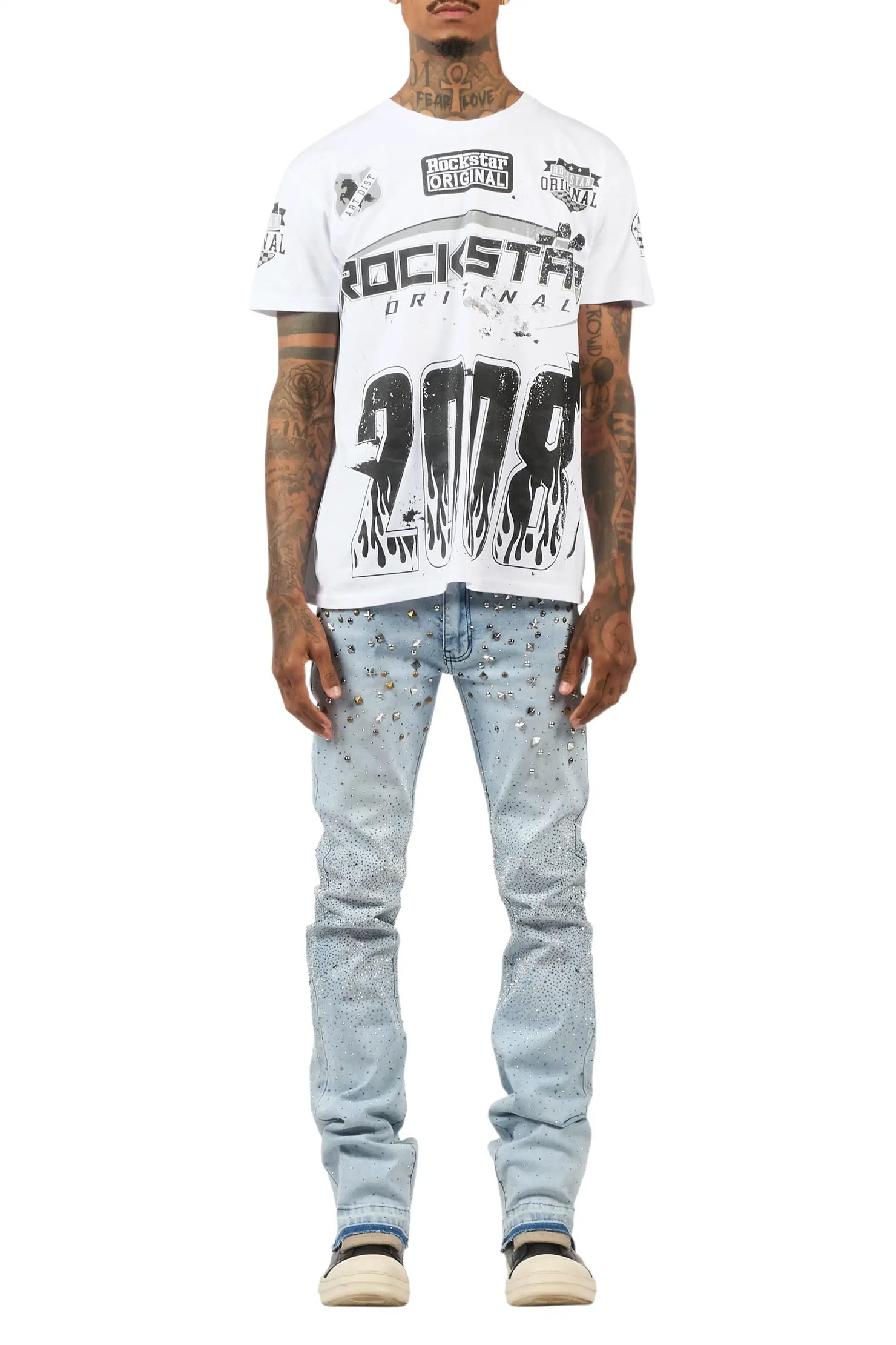 Onyx Light Blue Studded Stacked Flare Jean