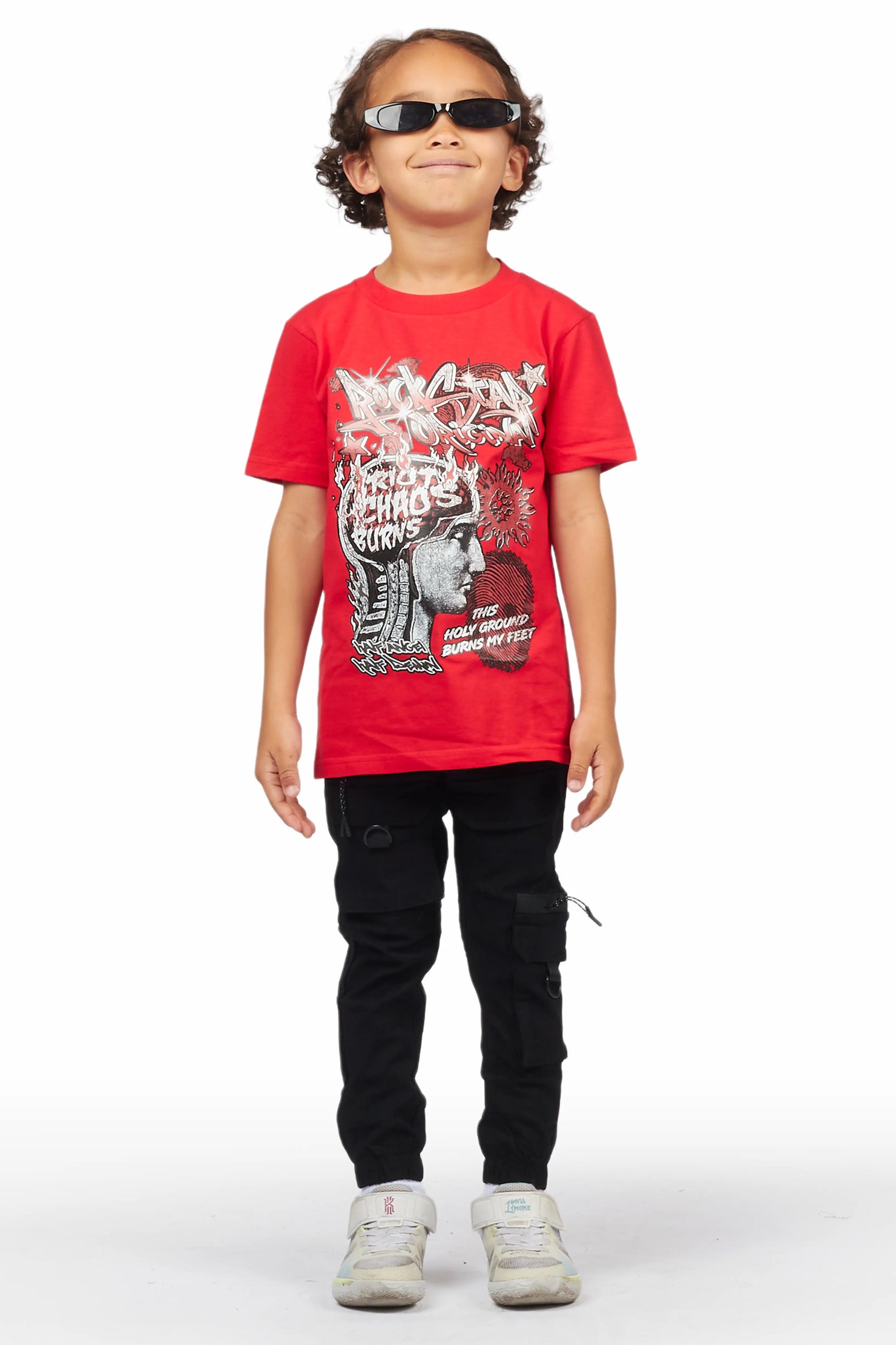 Boys Zach Red/Black Oversized T-Shirt Cargo Pant Set