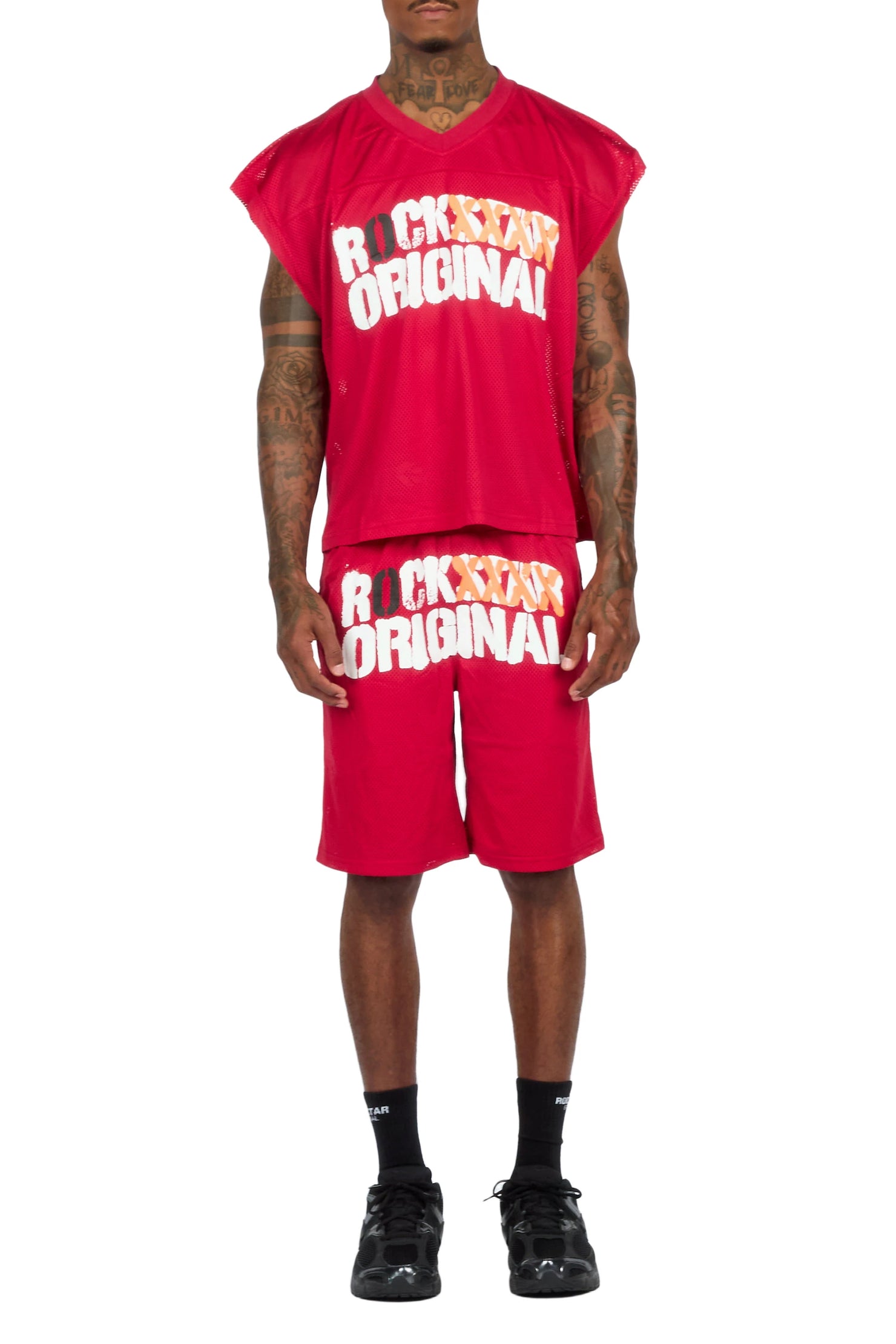 Crown Red Mesh Cut Sleeve Jersey Short Set