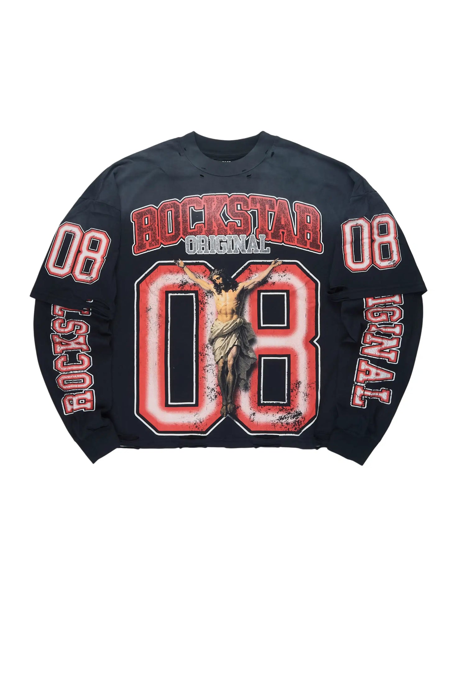 Boys Fields Black/Red Double Layer L/S Graphic T-Shirt