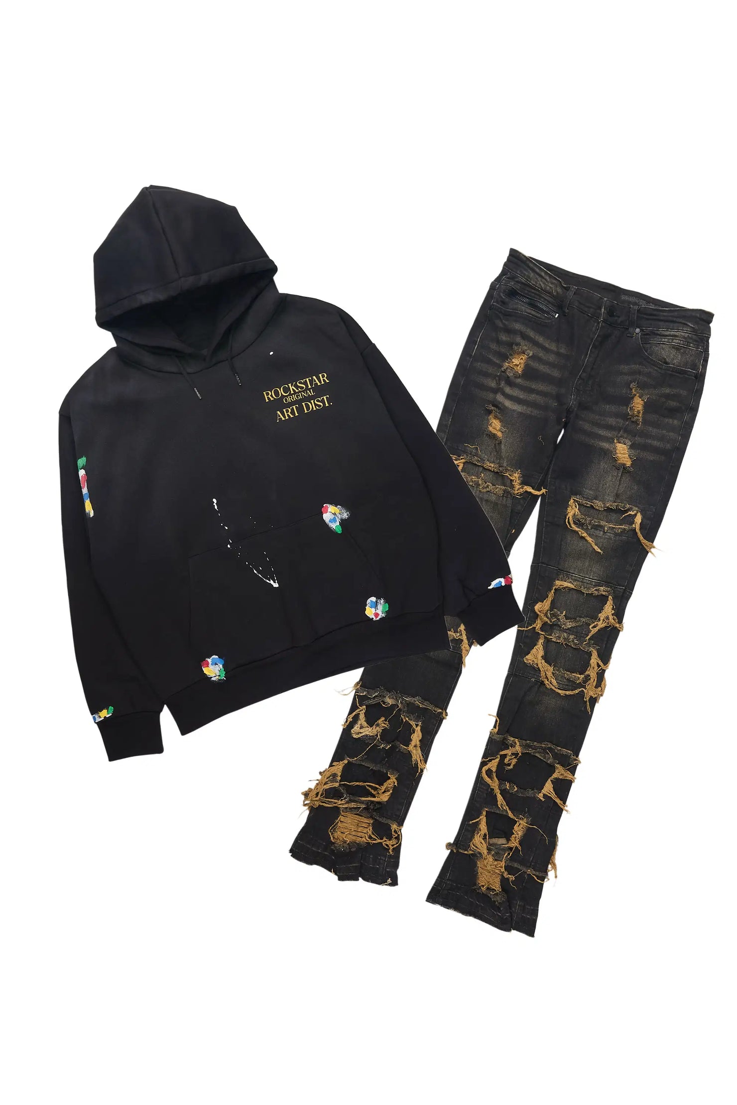 Palmer Black Relaxed Hoodie & Vasco Tint Grey Stacked Flare Jean Set