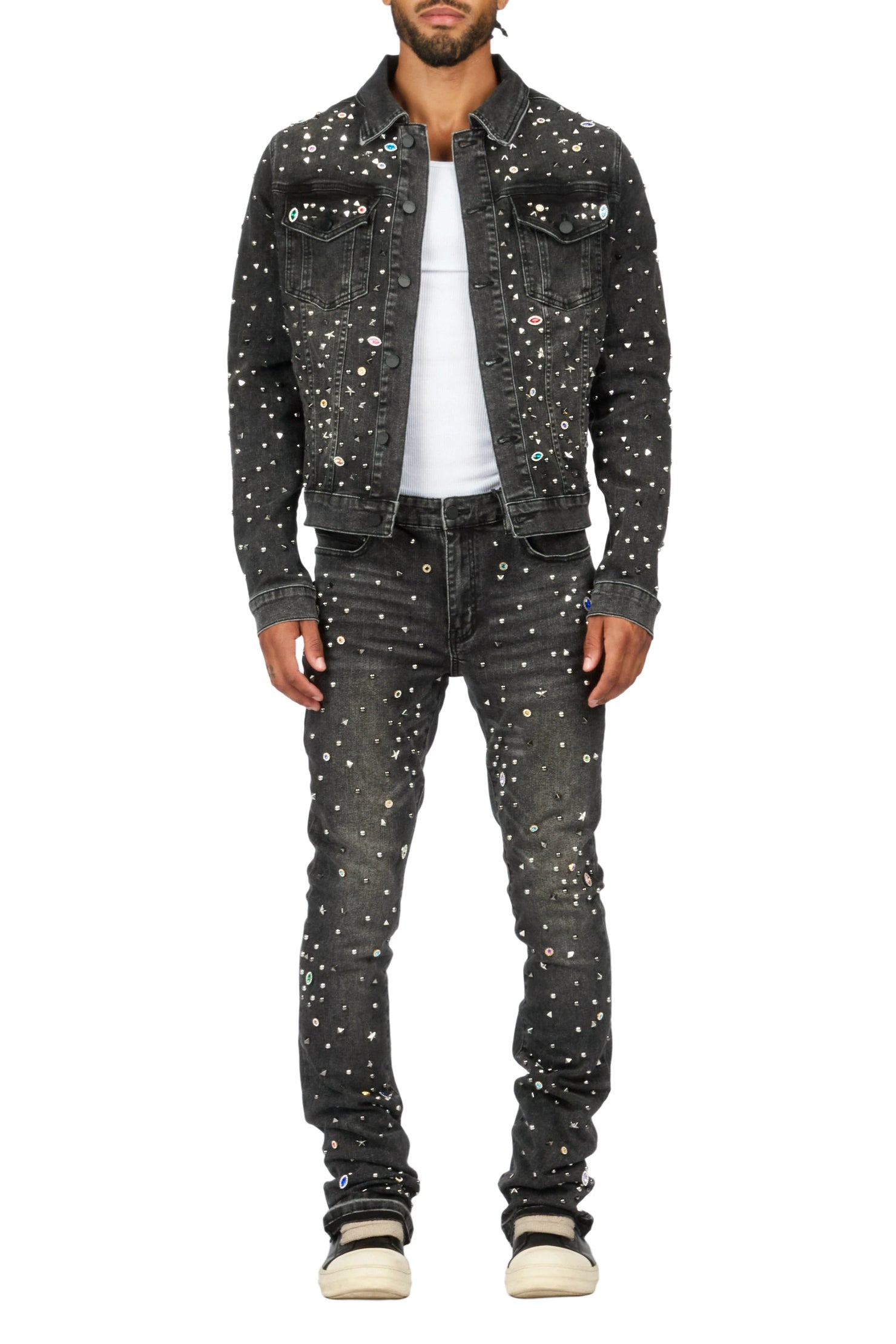 Norris Jet Black Rhinestone Denim Jacket/Stacked Flare Jean Set