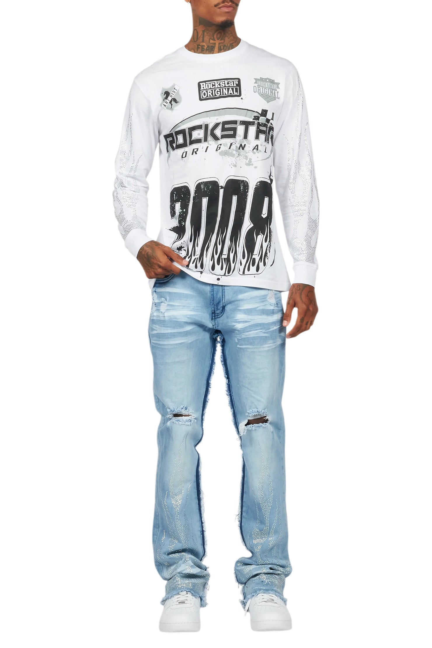 Amos White/Blue Rhinestone Long Sleeve T-Shirt/Stacked Flare Jean Set