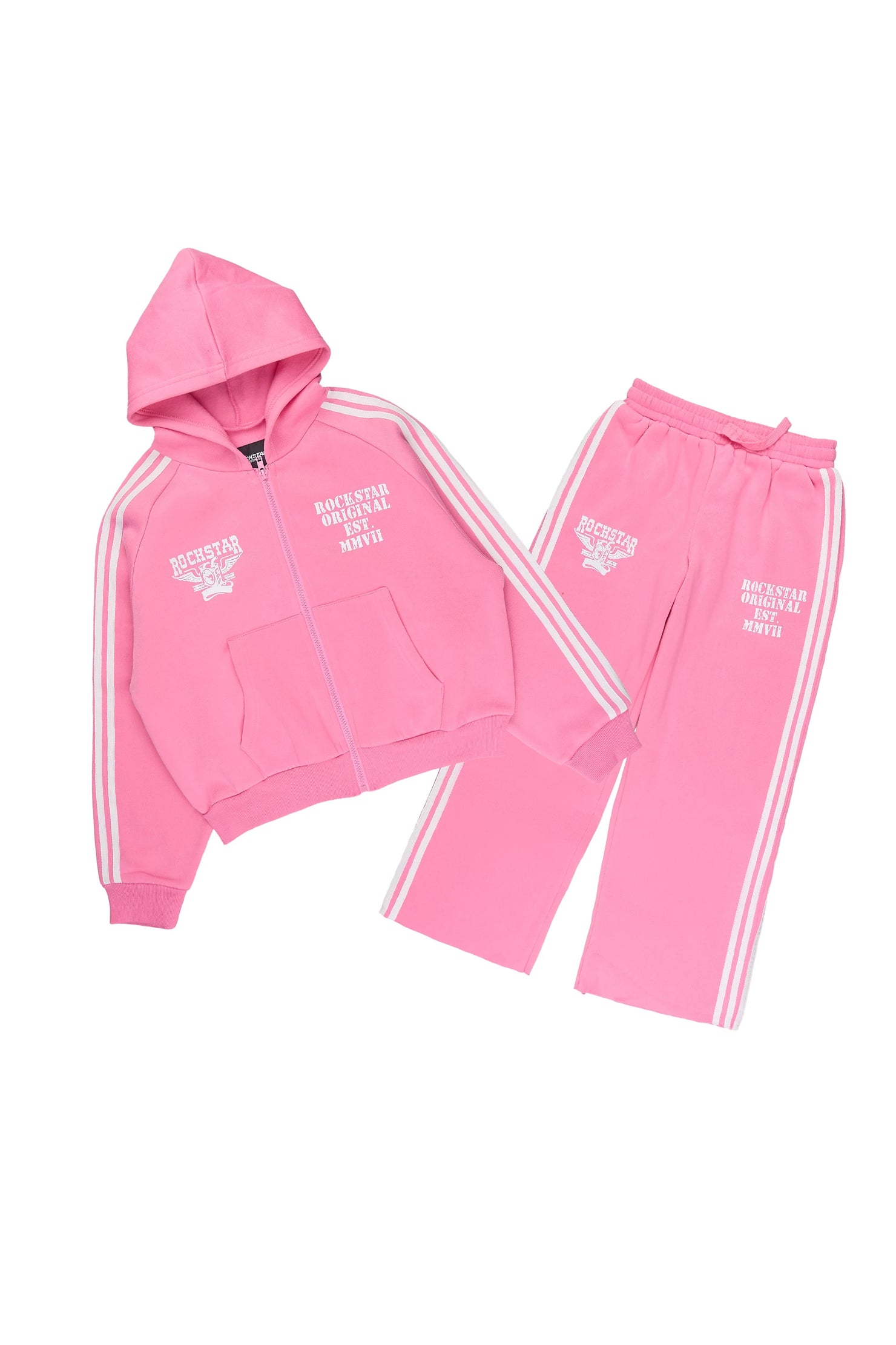 Girls Maniera Pink/White Zip Up Hoodie Relaxed Pant Track Set