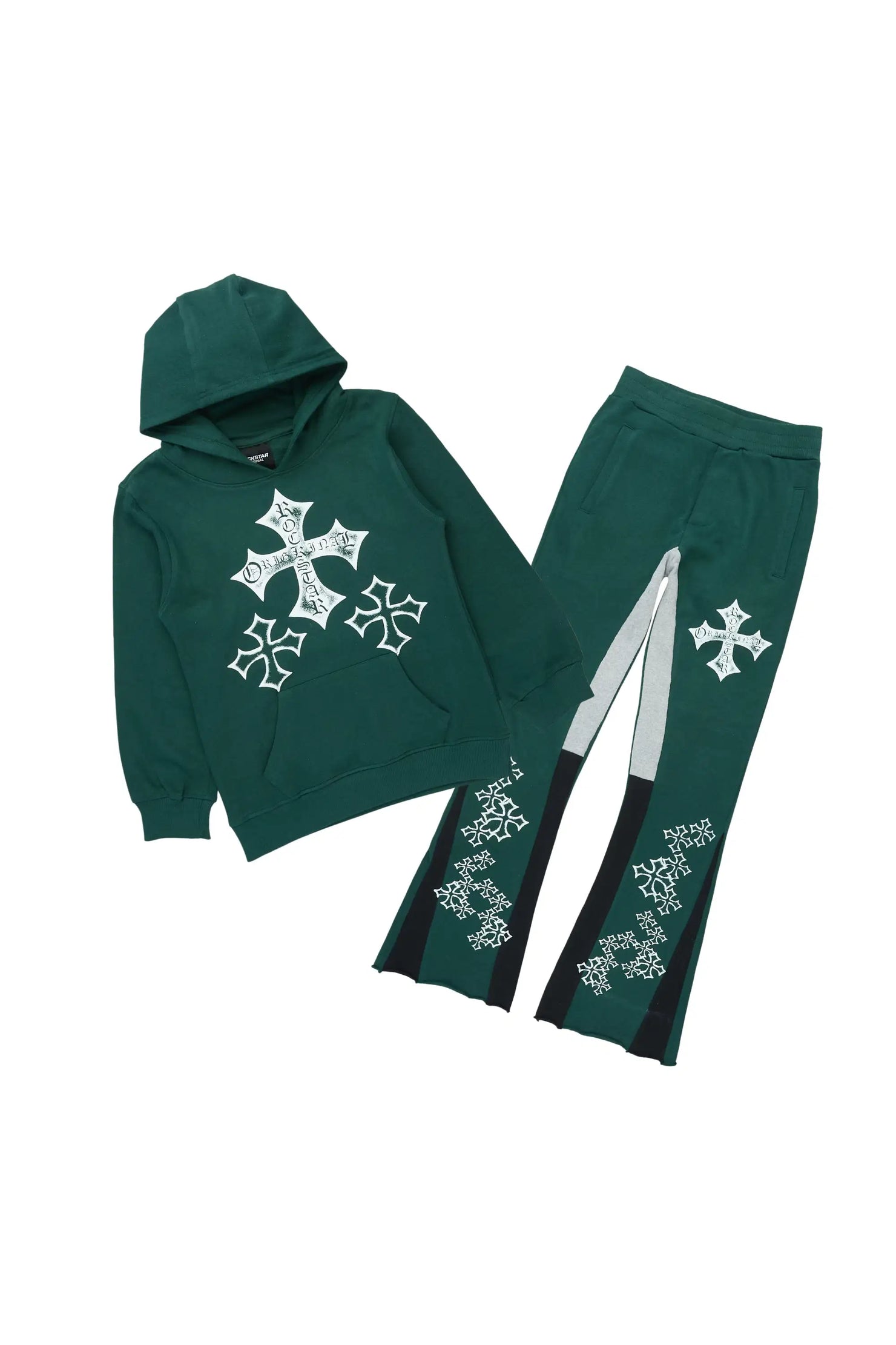Boys Marizon Green/White Hoodie/Stacked Flare Track Set