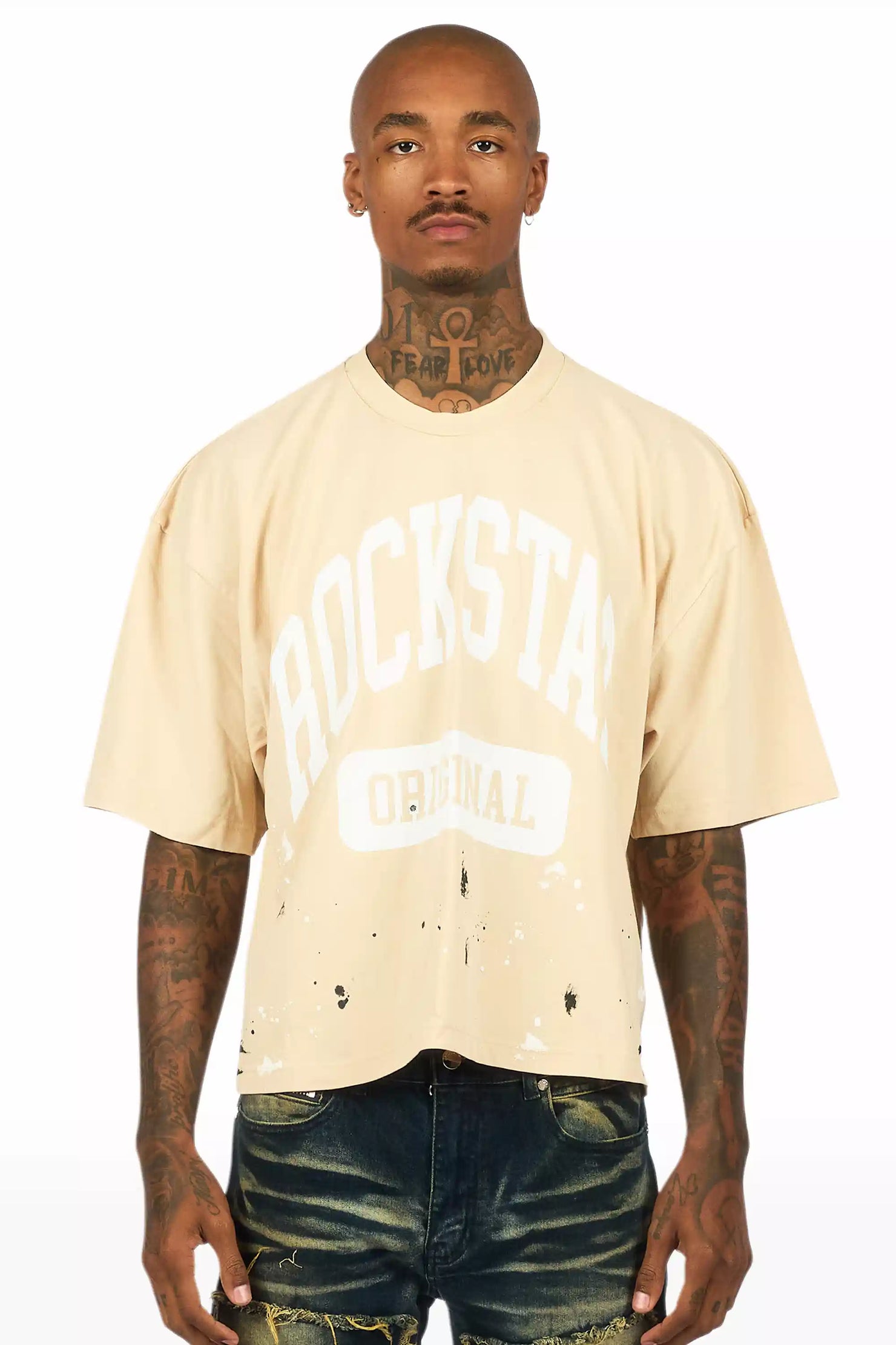 Rainer Beige/White Boxy Crop T-Shirt