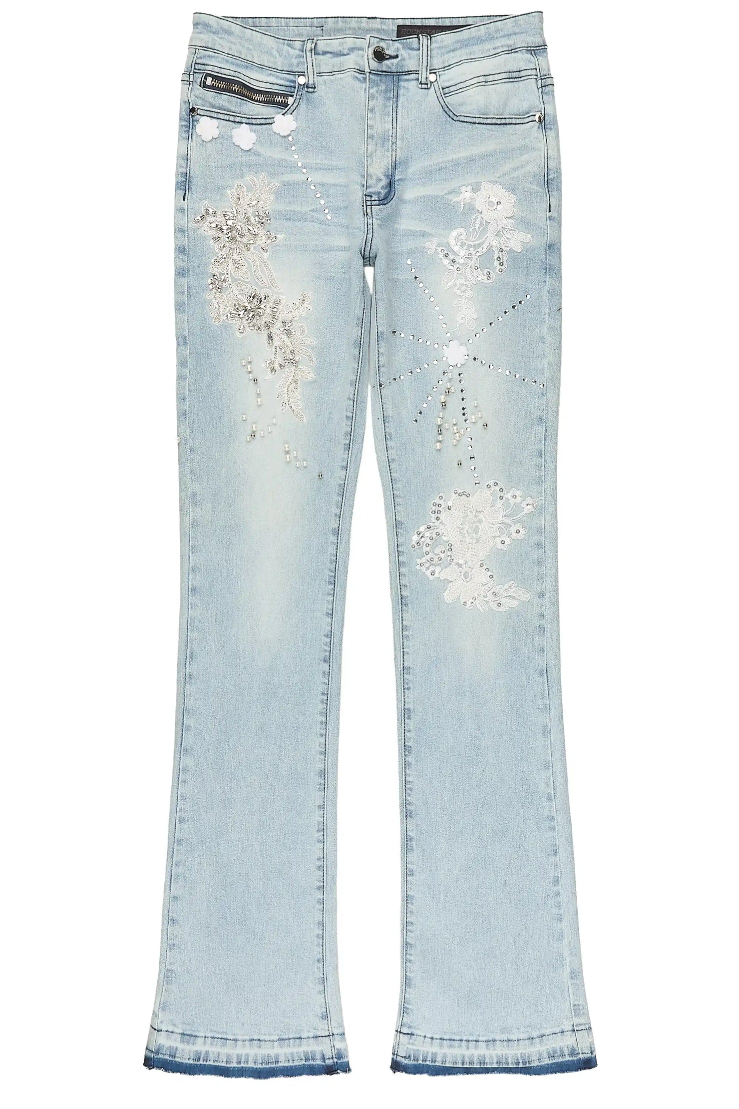 Yezen Light Blue Rhinestone Stacked Fit Jean