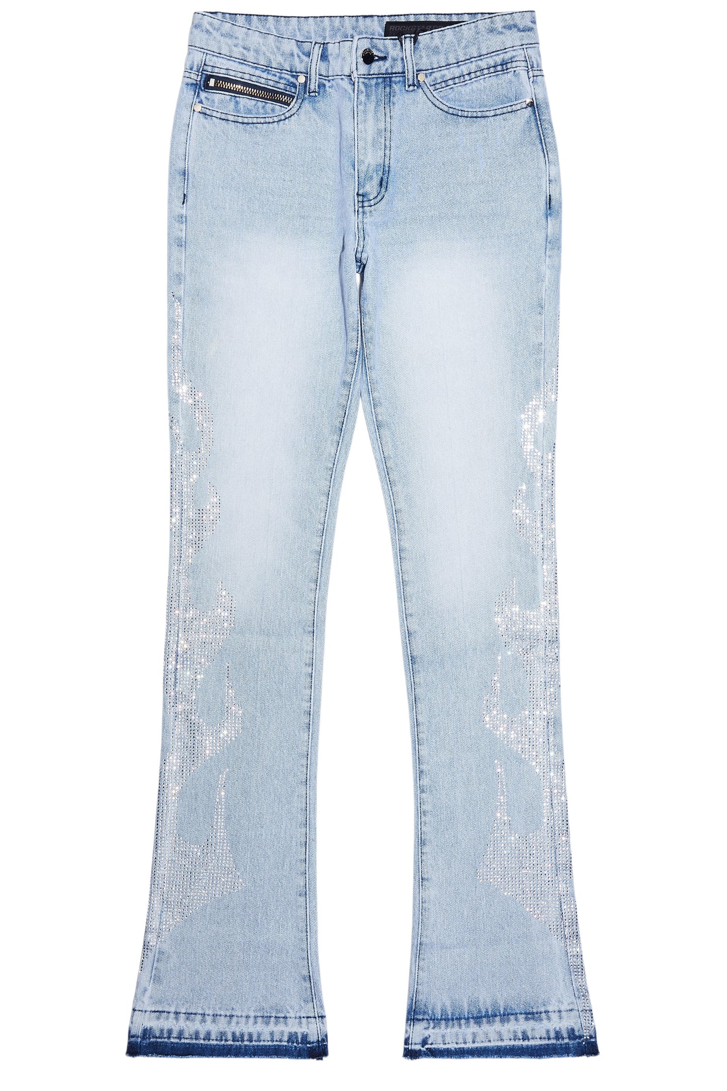 Jian Light Blue Rhinestone Stacked Flare Jean