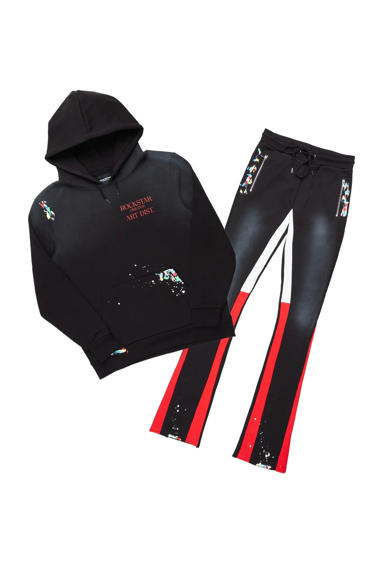 Rockstar Art Dist. Black/Red Hoodie/Stacked Flare Pant Set