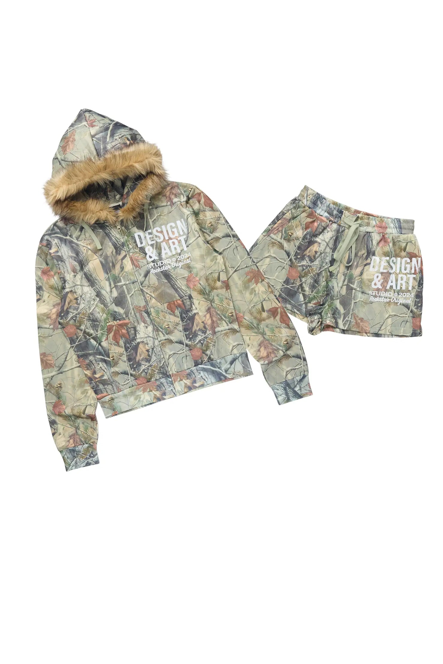 Sidney Tree Camo Zip Up Short Set with Fur Hood