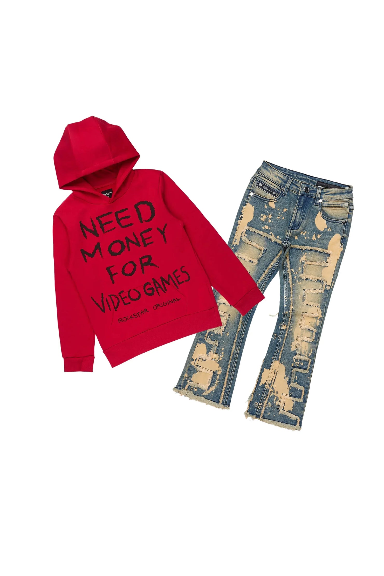 Boys M4 Video Games Red/Tint Hoodie/Stacked Jean Set