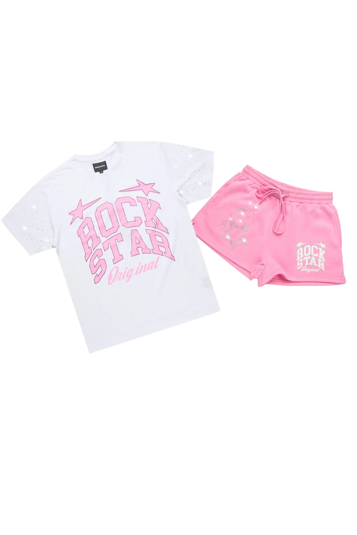 Flaveya White/Pink Rhinestone T-Shirt Short Set