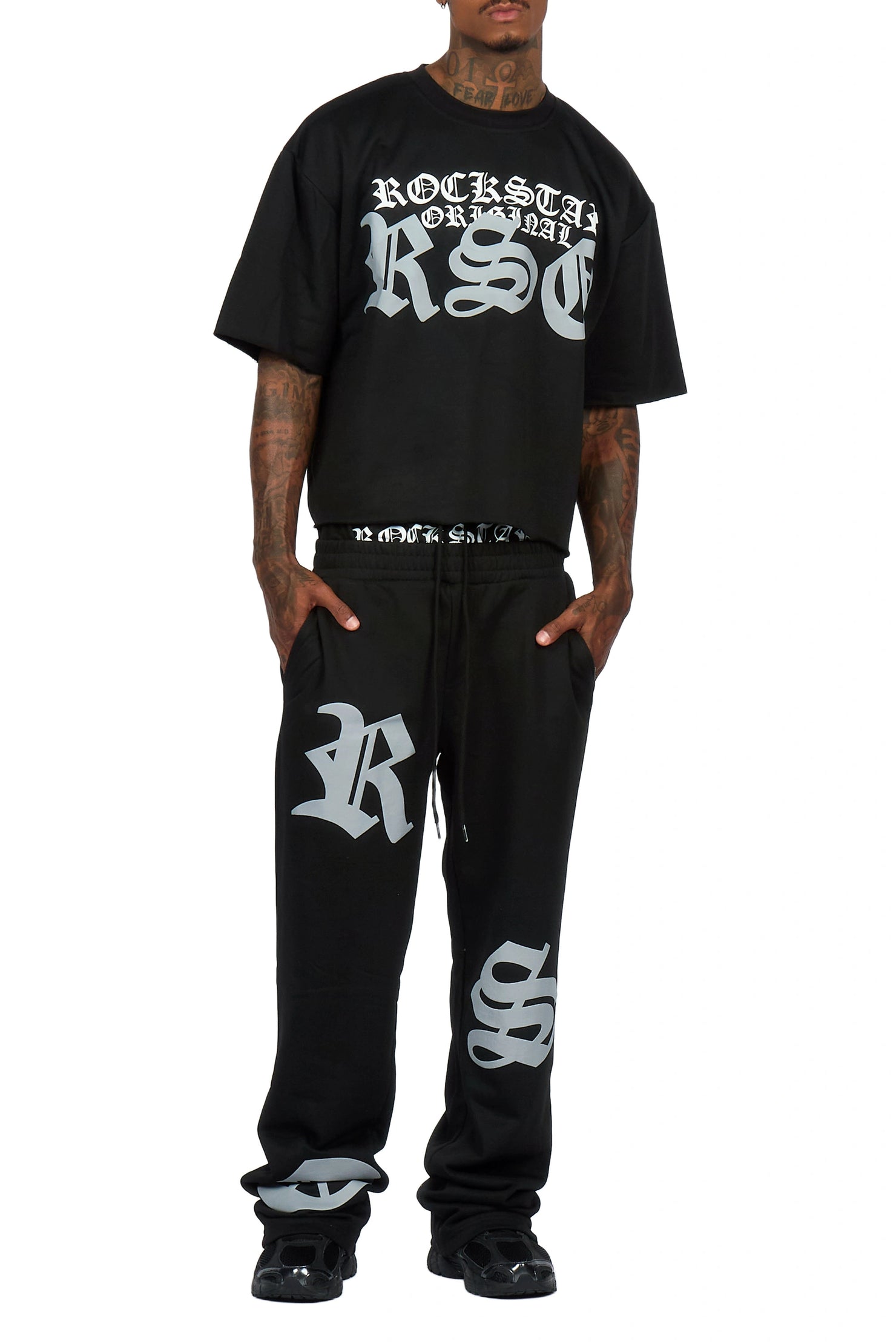 Burke Black Chenille Patch Boxy Tee/Double Waistband Pant Track Set