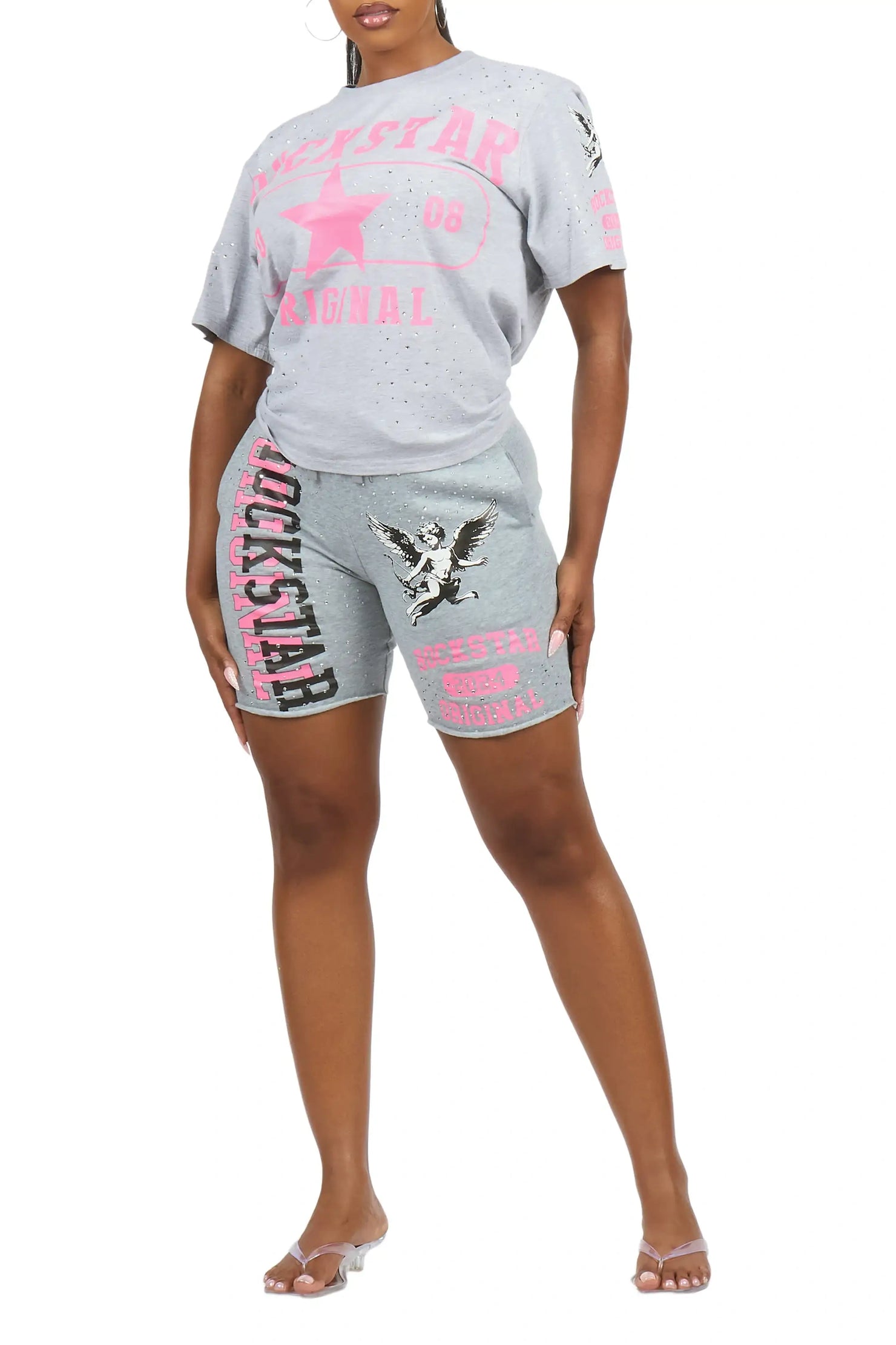 Kyesha Grey Rhinestone T-Shirt Short Set