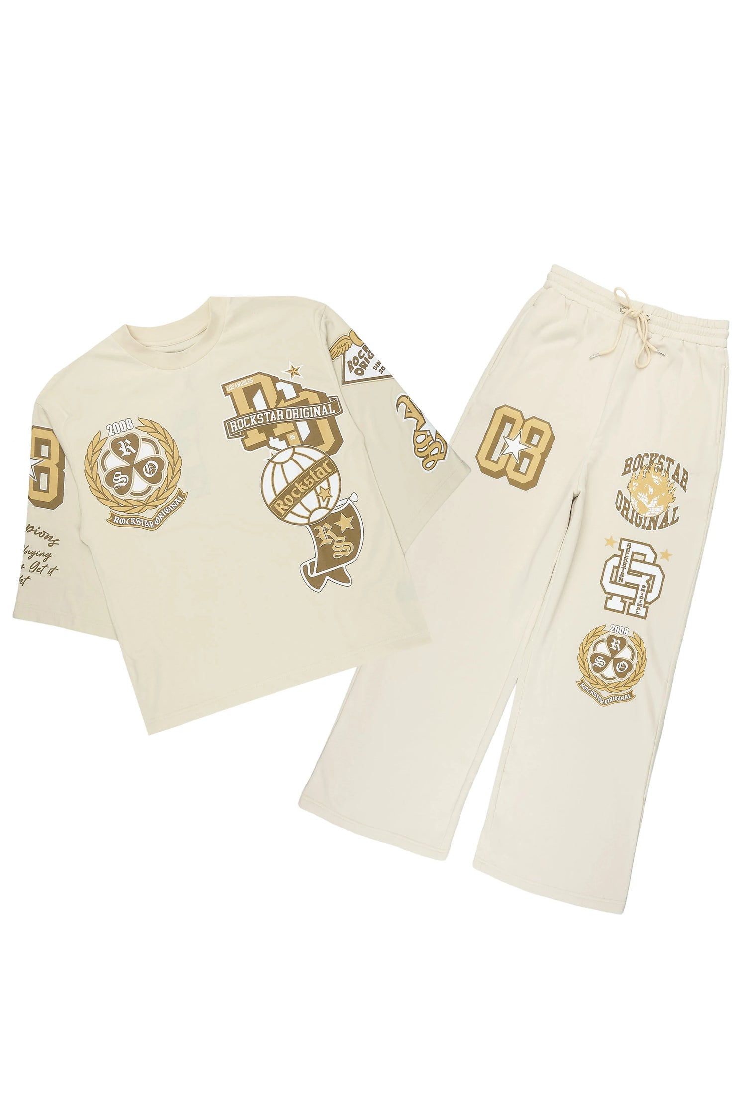 Gallant Beige 3/4 Crop Boxy Tee/ Fleece Baggy Pant Track Set
