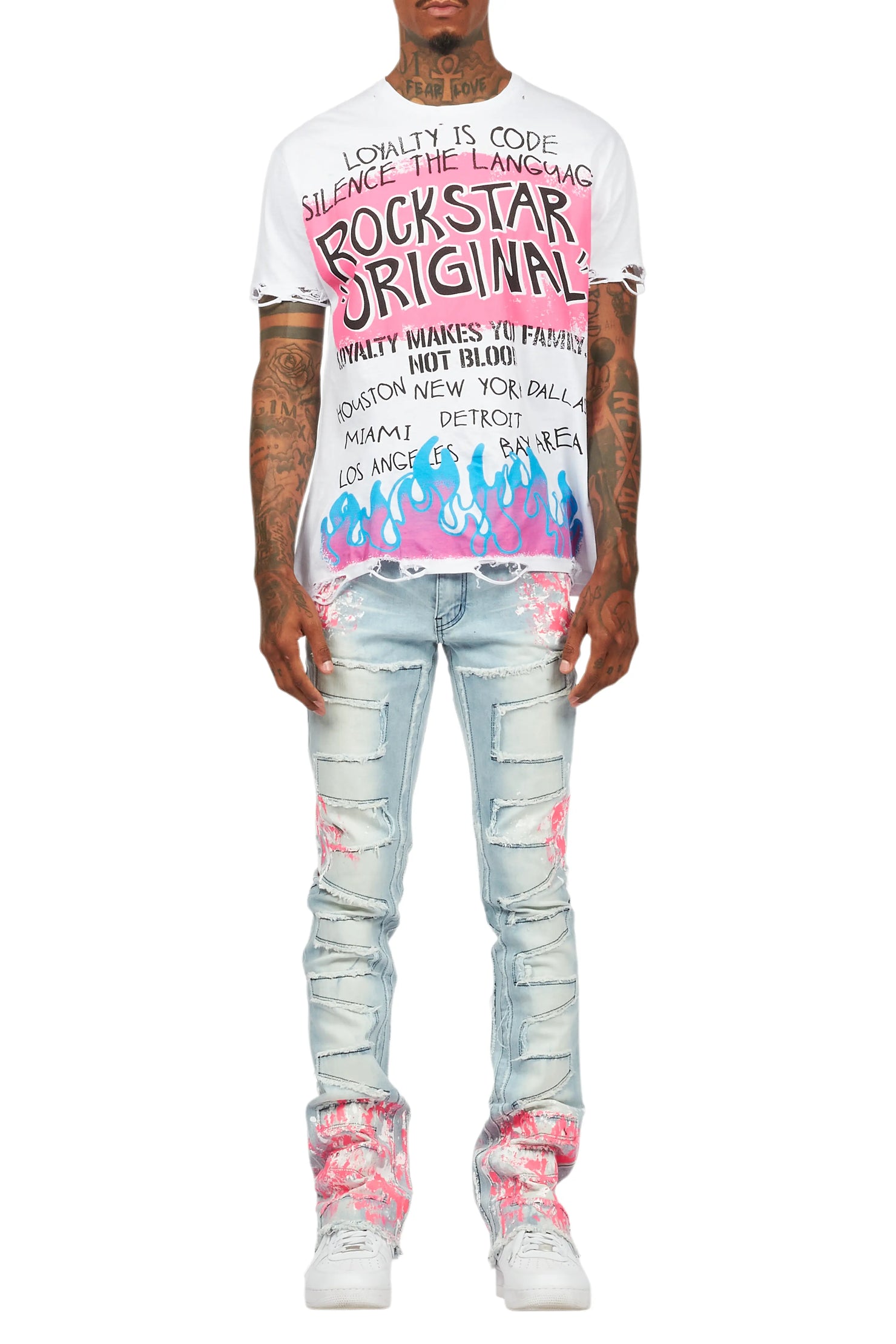 Kodak Blue/Pink Painter Stacked Flare Fringe Jean