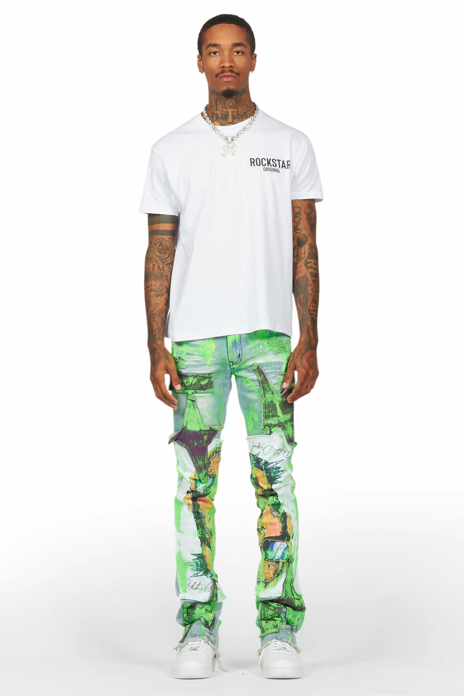 Savier Blue/Green Roller Paint Stacked Flare Jean