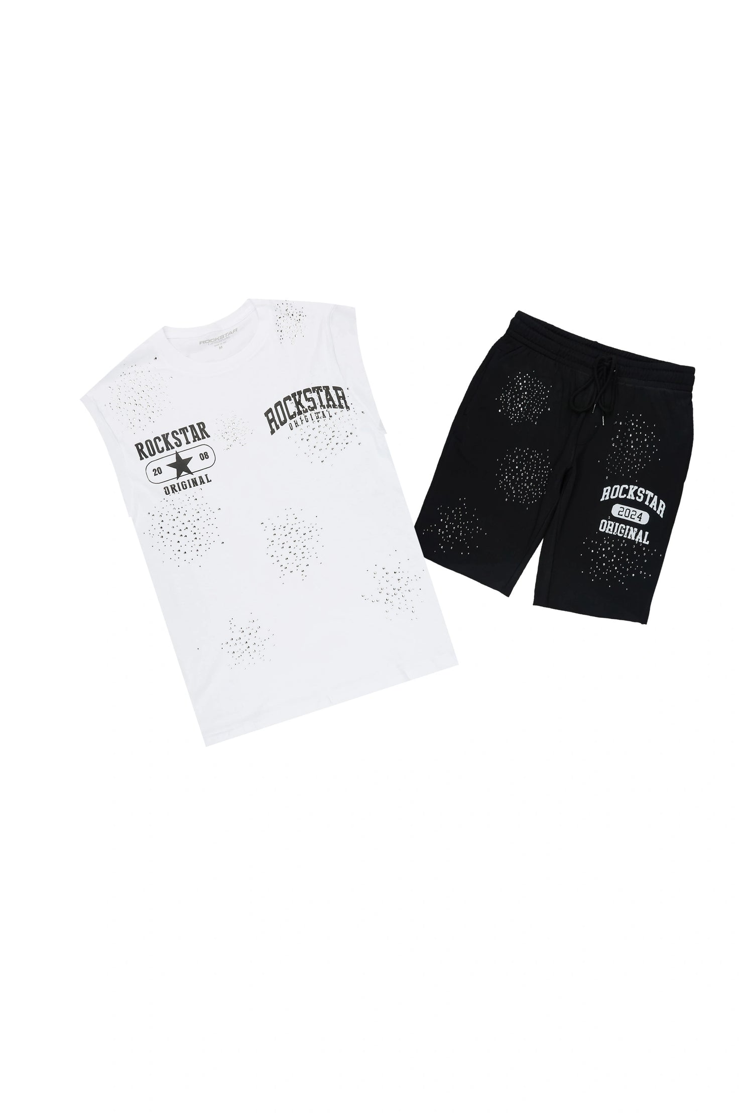 Gutta 2.0 White/Black Rhinestone Cut Sleeve T-Shirt/Short Set