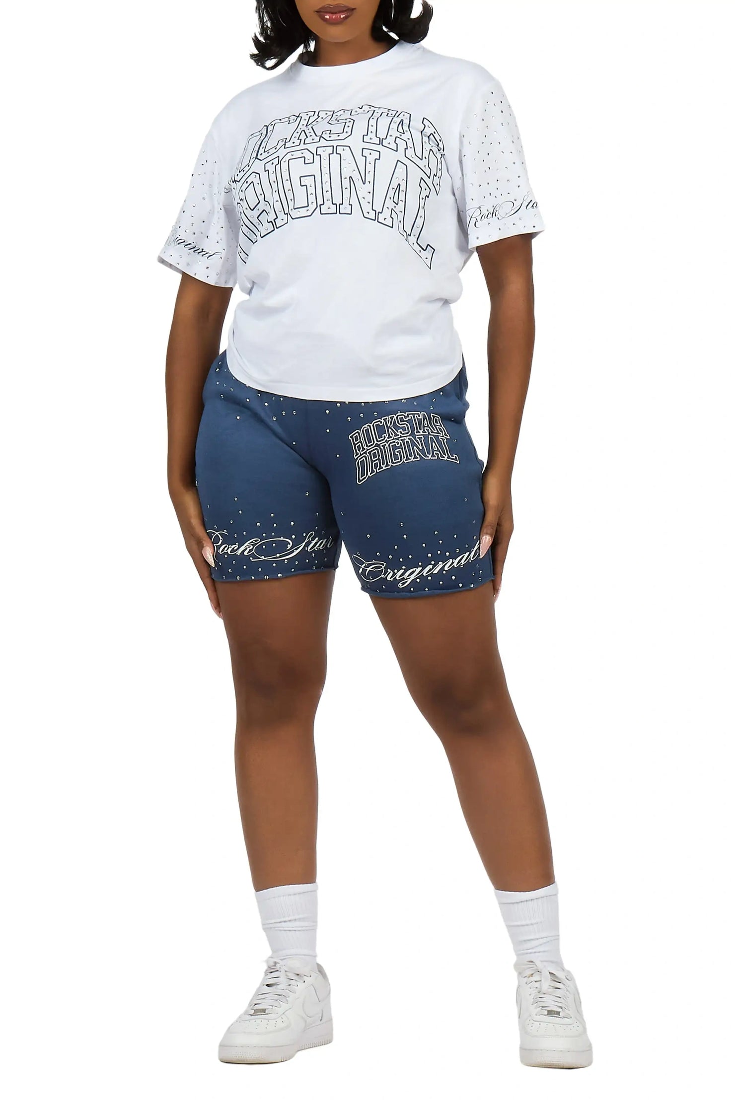 Lakisha Navy Rhinestone T-Shirt Short Set