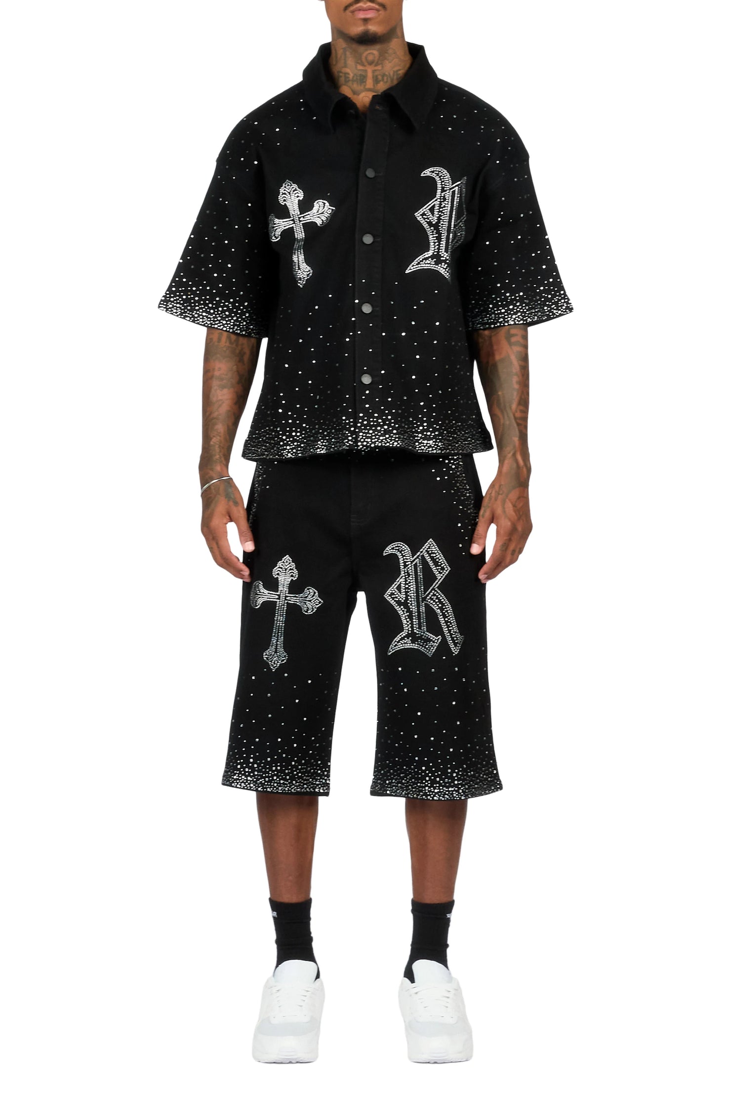 Clemente Jet Black Rhinestone Button Down Shirt Jort Set