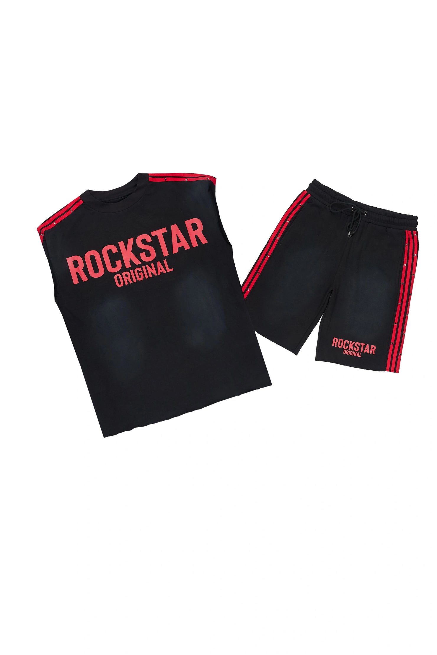 Gulis Black/Red Rhinestone Cut Sleeve T-Shirt Short Set