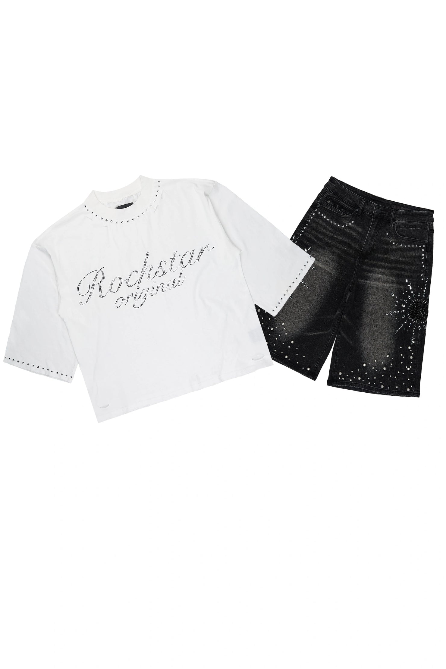 Tryst Grey Rhinestone T-Shirt Denim Short Set