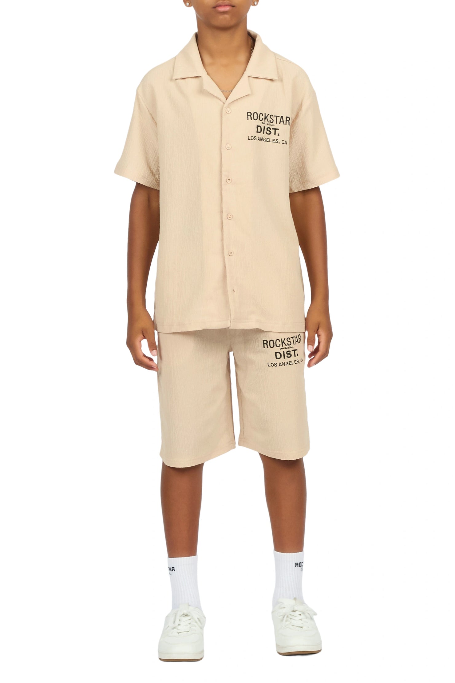 Boys Kason Beige Button Down Shirt/Short Set