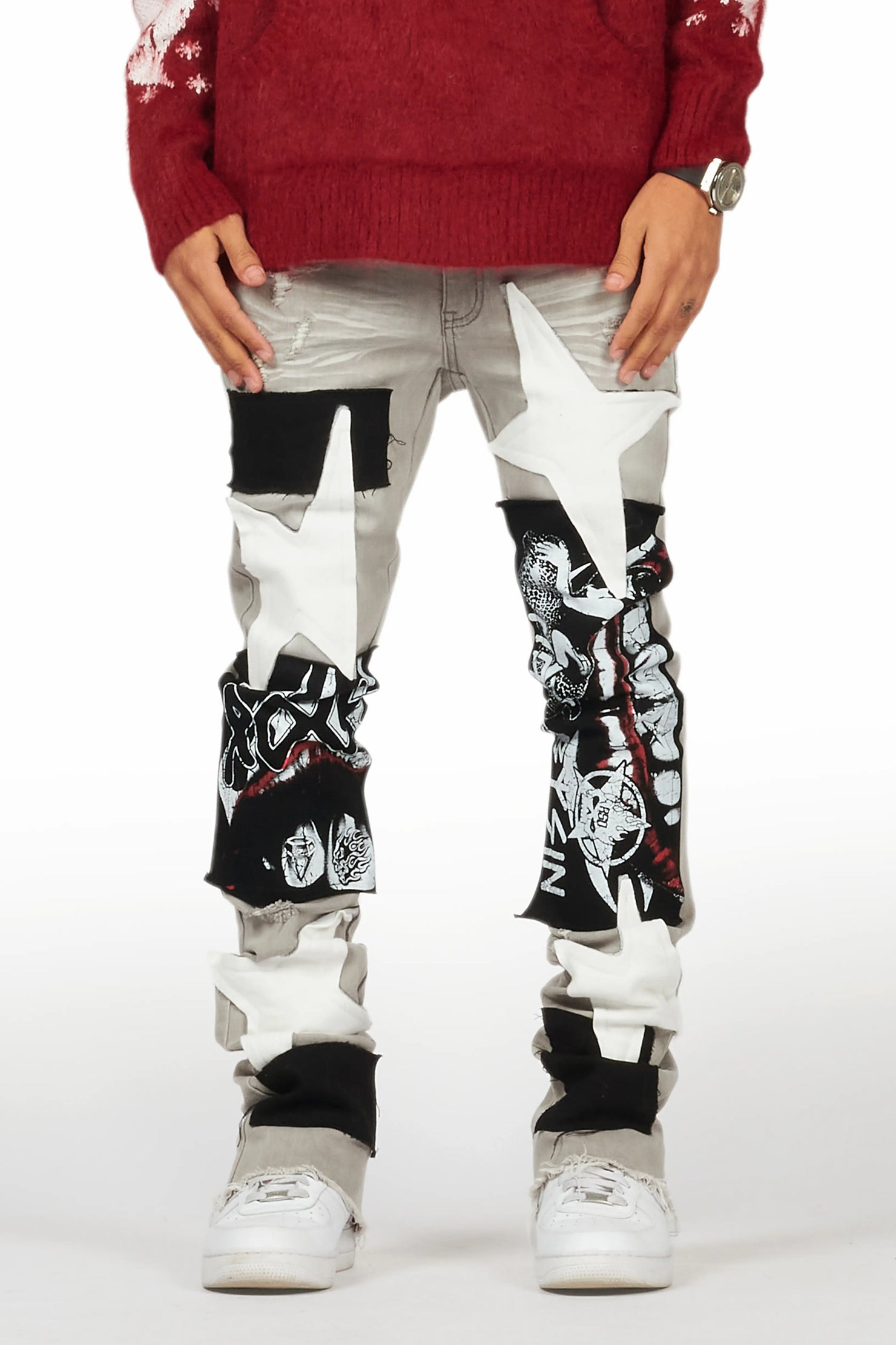 Vadim Grey Patchwork Stacked Flare Jean