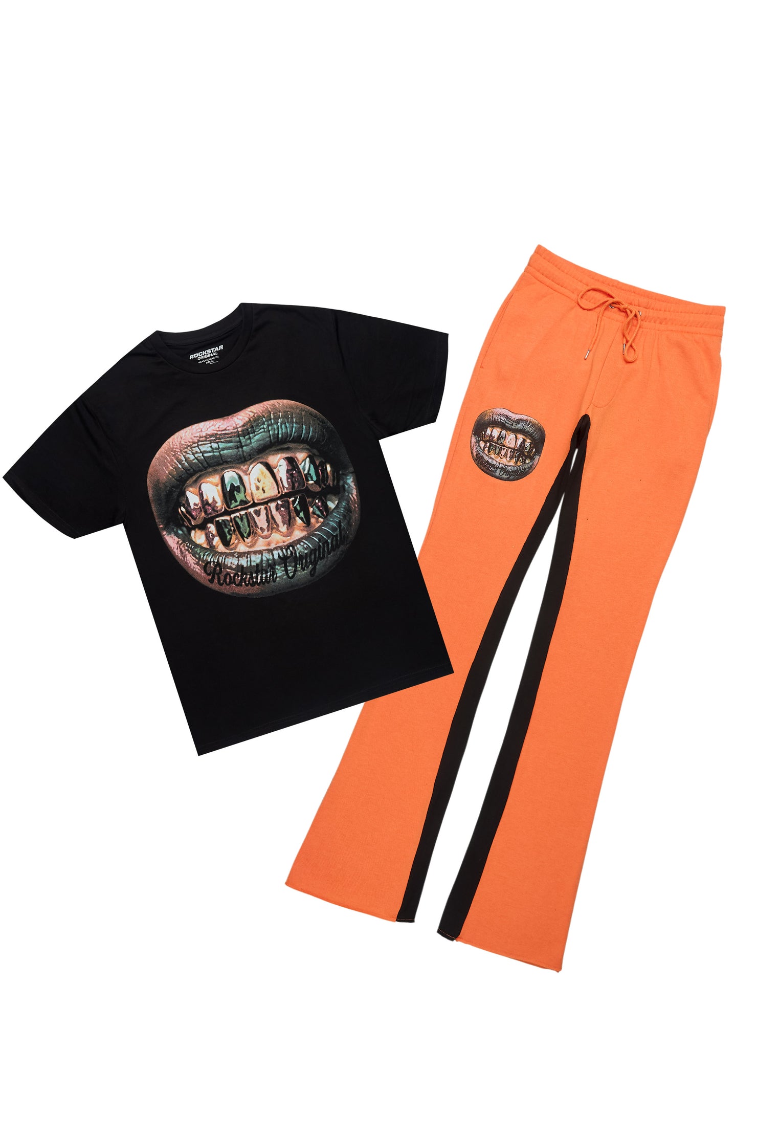 Darce Black/Orange T-Shirt/Stacked Baggy Track Pant Set