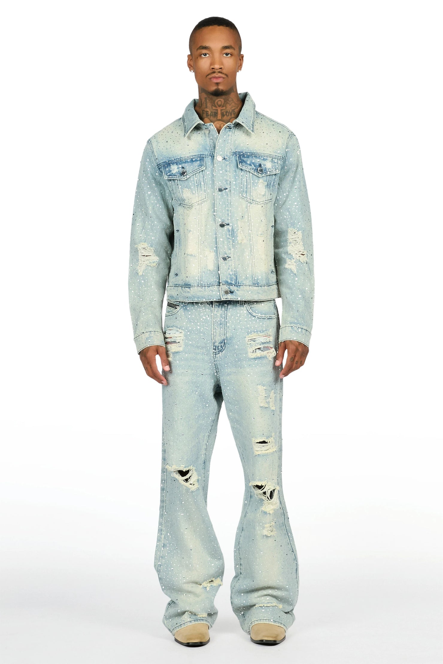 Discolite Tint Blue Rhinestone Denim Jacket/Baggy Jean Set