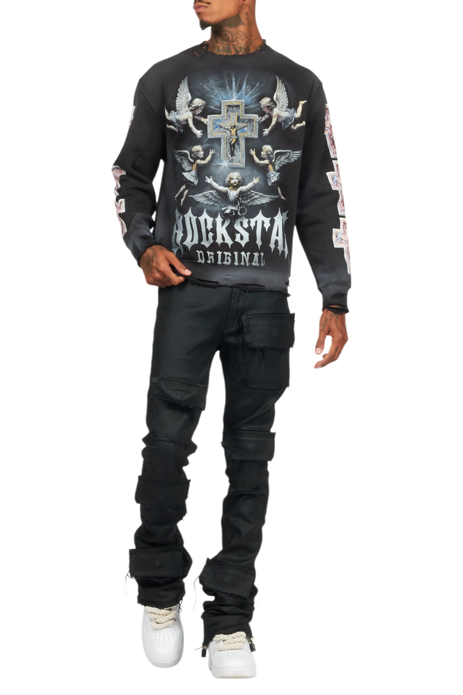 Petrus Black Coated Super Stacked Flare Jean