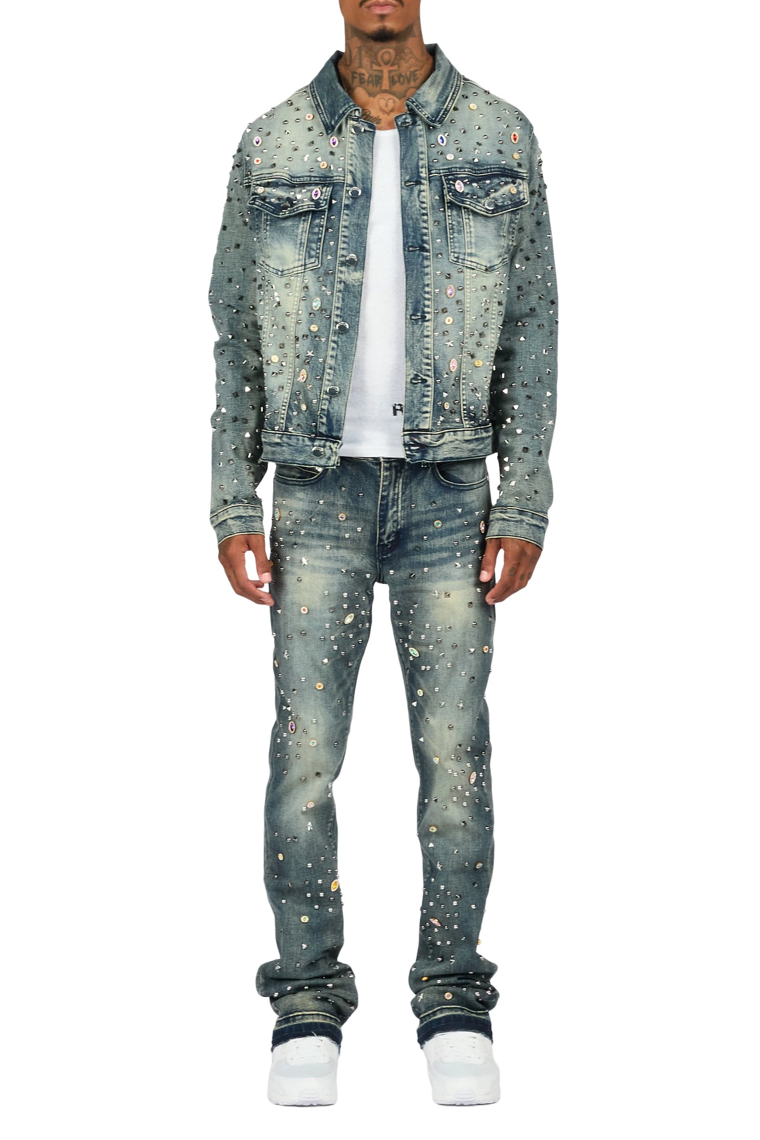 Norris Dark Blue Rhinestone Denim Jacket/Stacked Flare Jean Set
