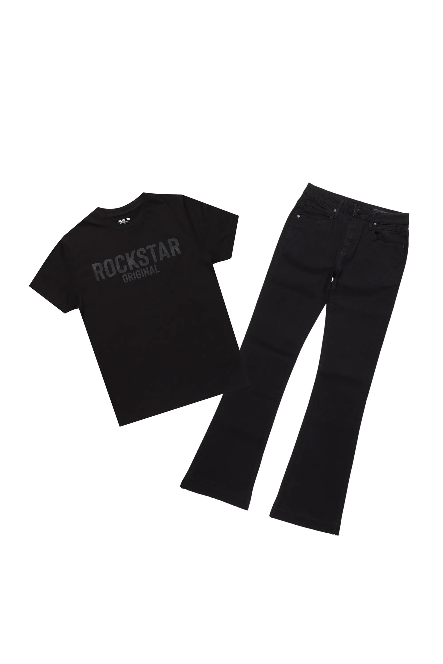 Boys Sana Black T-Shirt/Dag Stacked Flare Jean Set