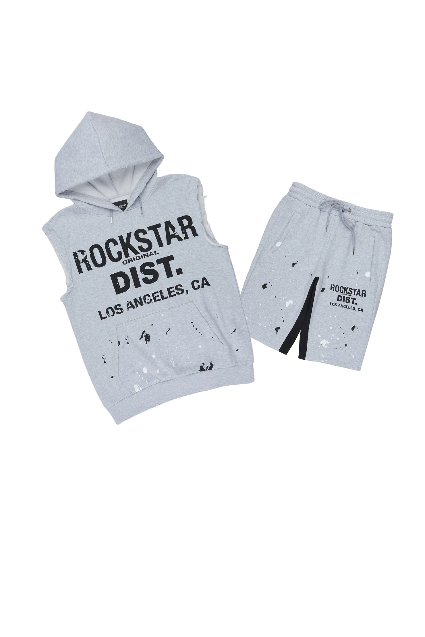 Scottie Heather Grey Cut Off Sleeve Hoodie Short Set