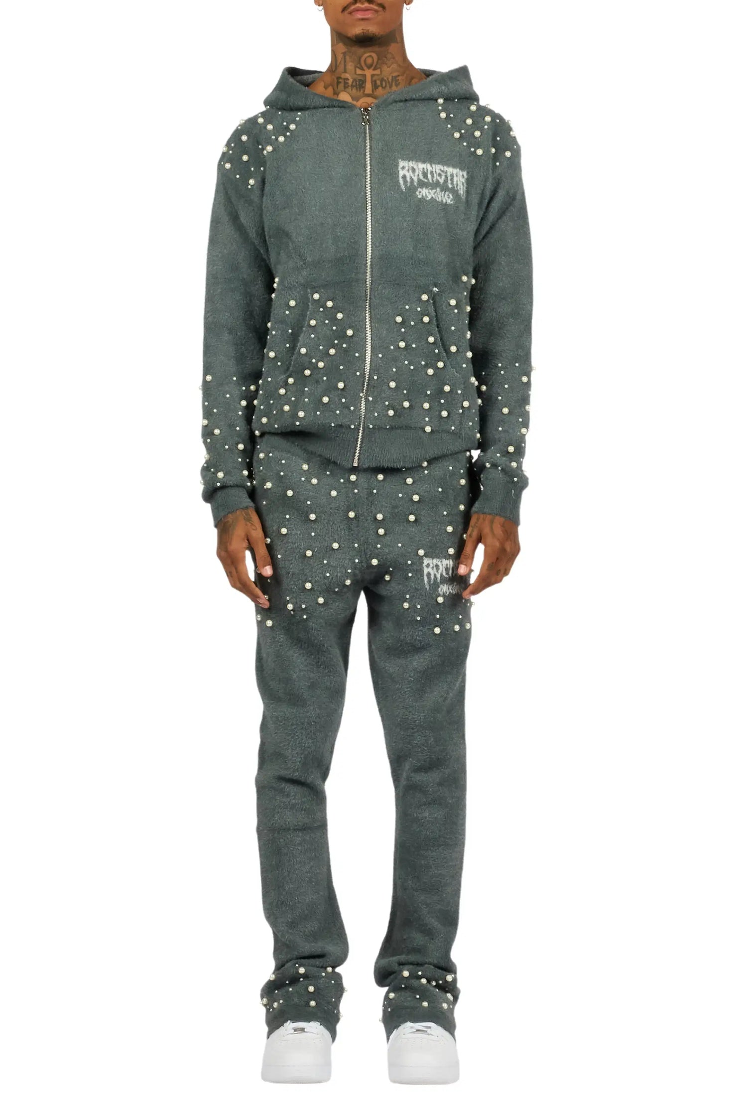 Twinkle Charcoal Rhinestone Hoodie Stacked Flare Track Set