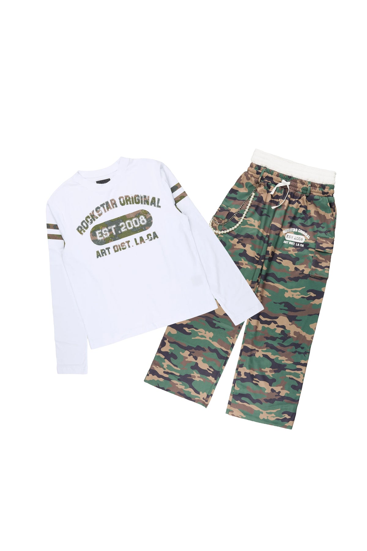 Boys Alexander White/Camo Long Sleeve Shirt Double Waisted  Super Baggy Track Set
