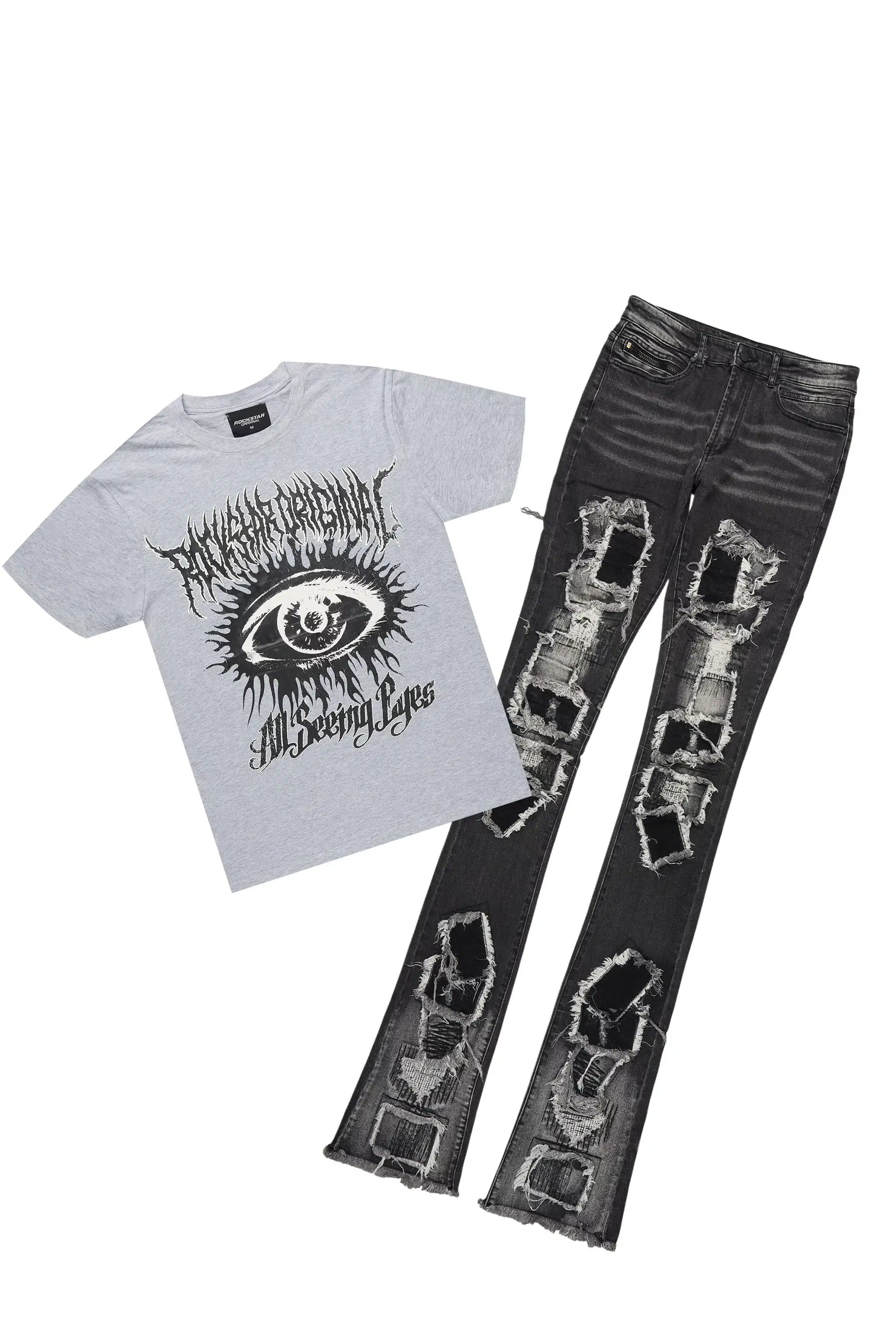 All Seeing Eyes Heather Grey T-Shirt/Super Stacked Flare Jean Bundle