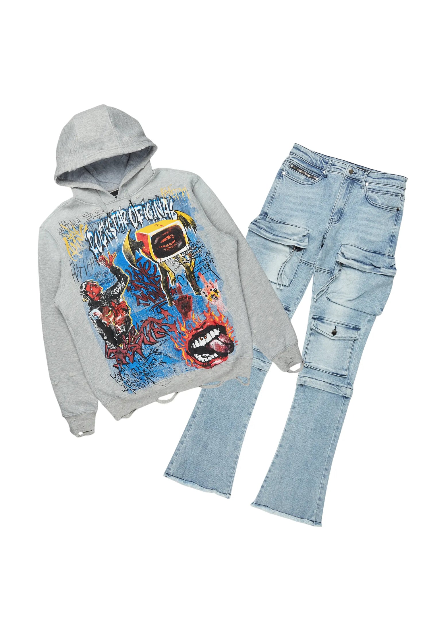 Yooz Grey/Blue Hoodie & Jan Stacked Flare Jean Bundle
