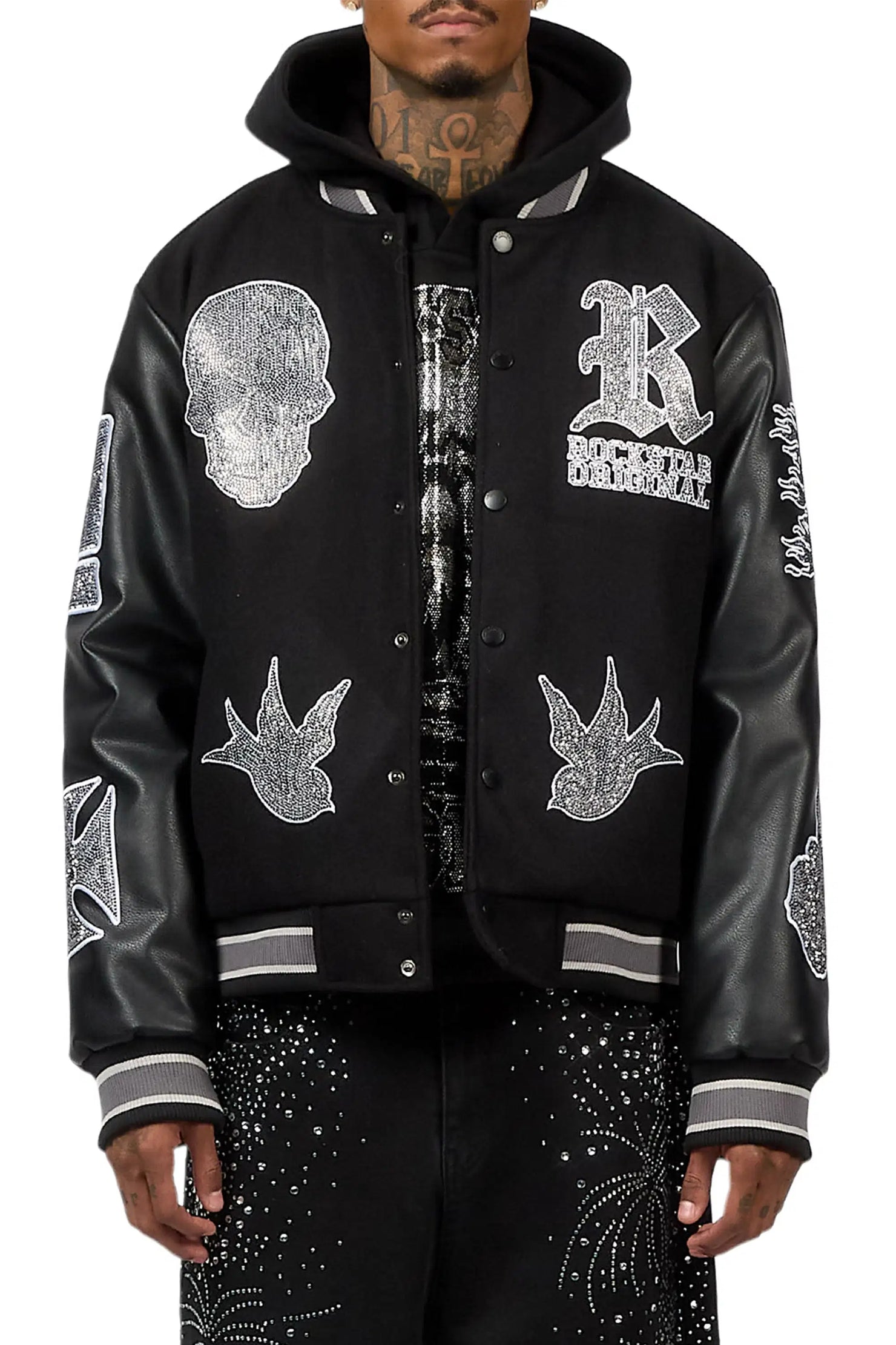 Vidar Black Rhinestone Varsity Jacket