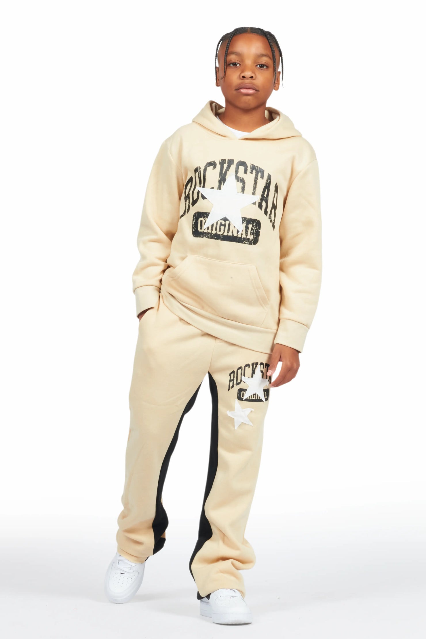 Boys Mallor Beige/White Baggy Stacked Hoodie Track Set