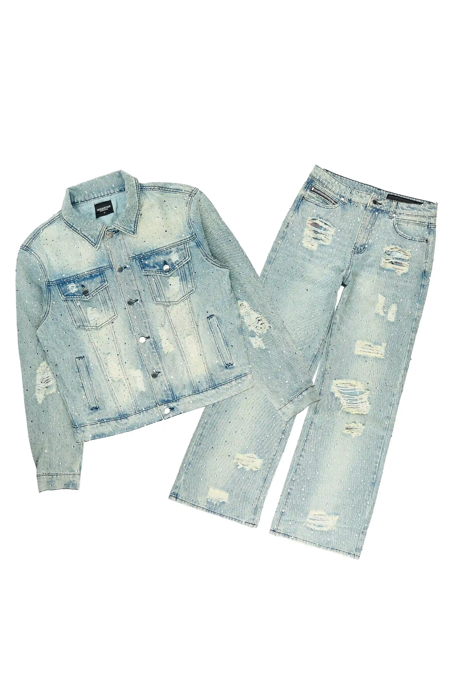 Discolite Tint Blue Rhinestone Denim Jacket/Baggy Jean Set