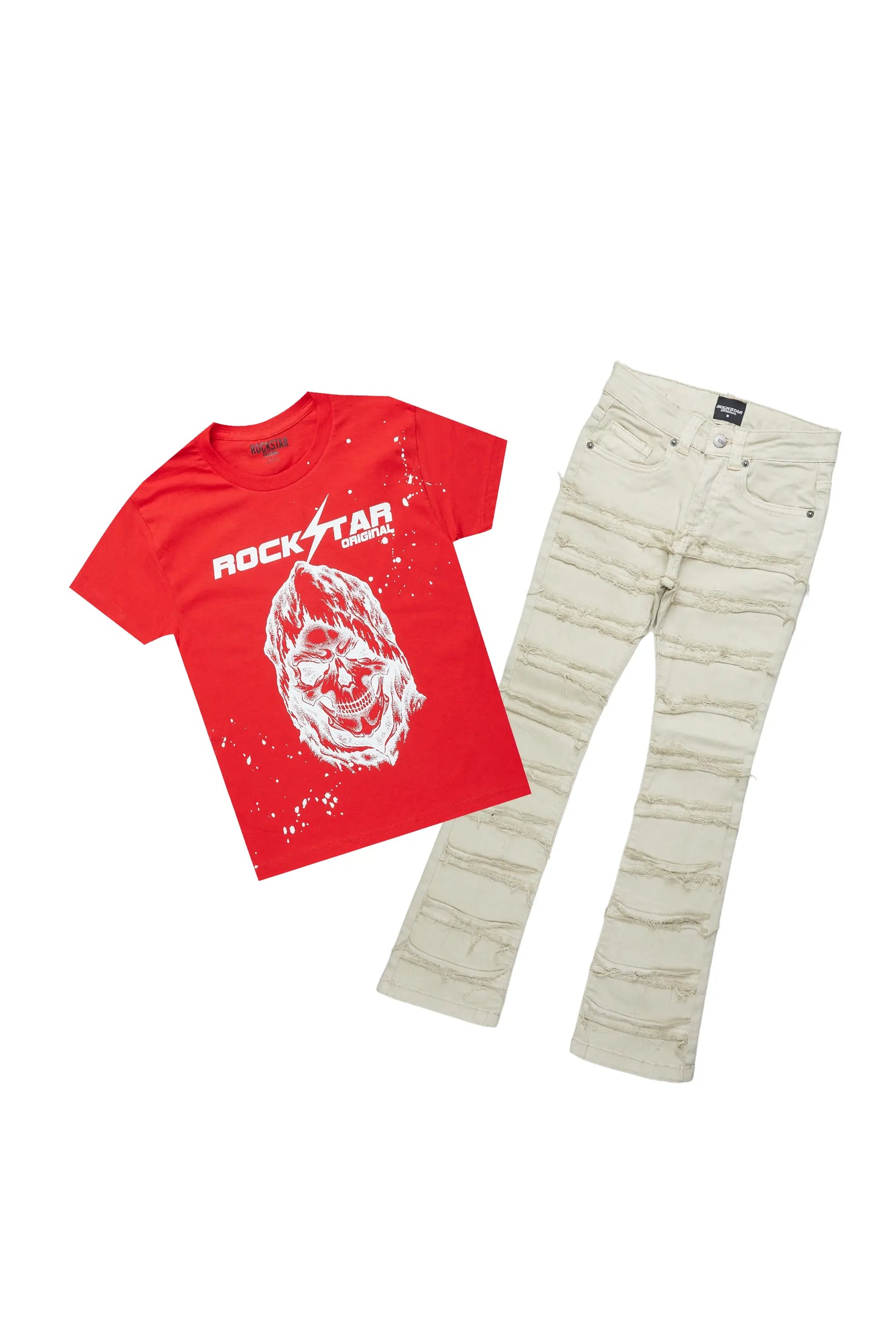 Boys Harriza Red T-Shirt/Stacked Flare Jean Set