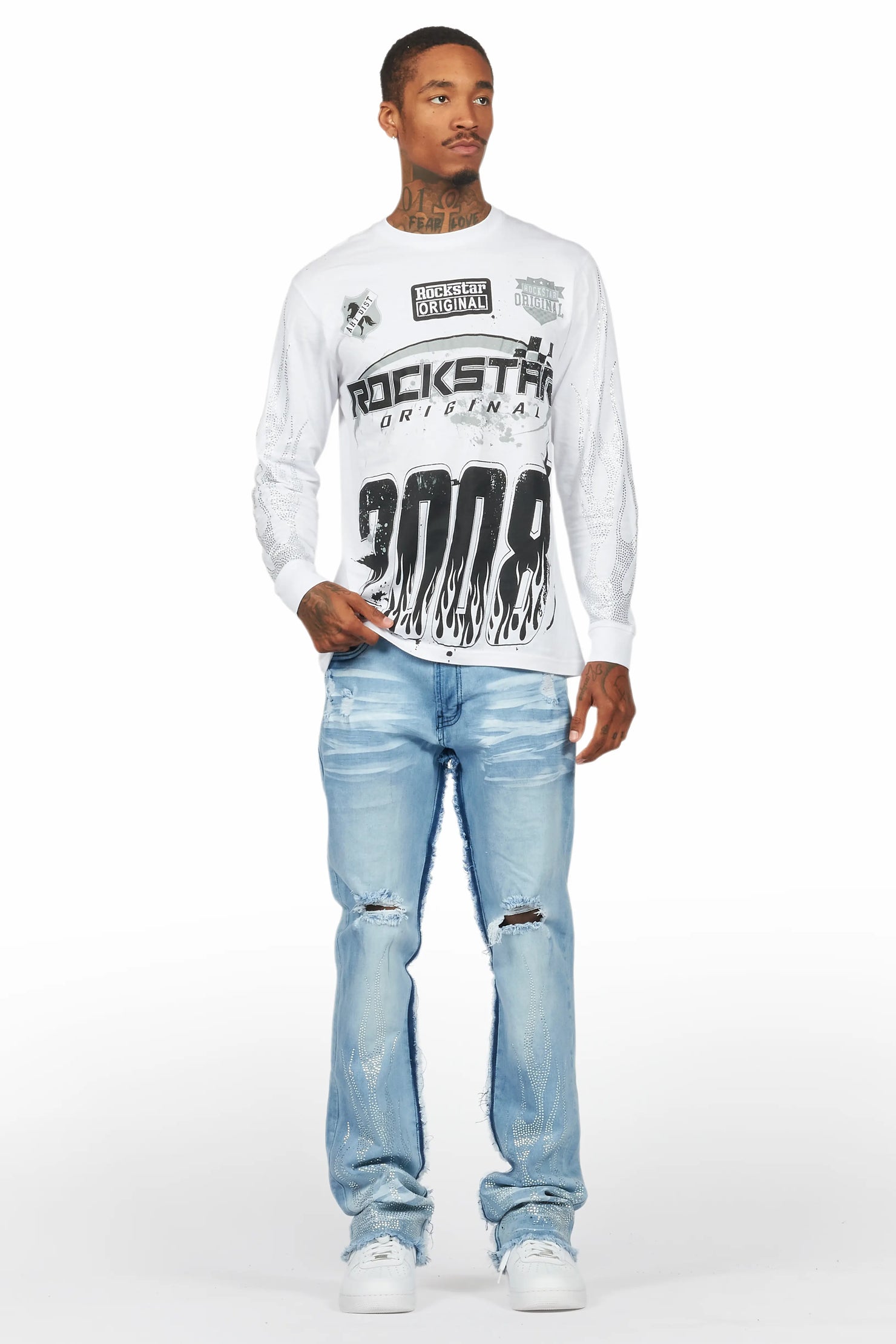 Amos White/Blue Rhinestone Long Sleeve T-Shirt/Stacked Flare Jean Set