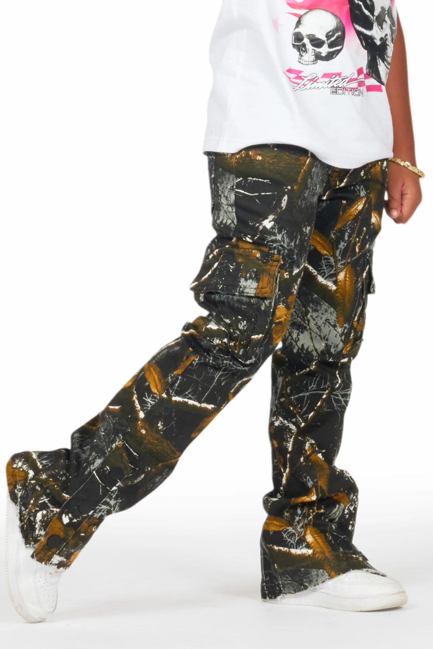 Girls Waapa Black Tree Camo Stacked Flare Cargo Jean