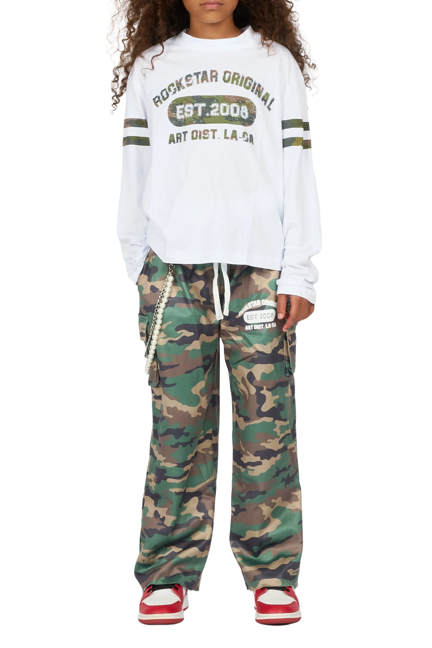 Girls Alexa White/Camo Long Sleeve Shirt Double Waisted Super Baggy Track Set